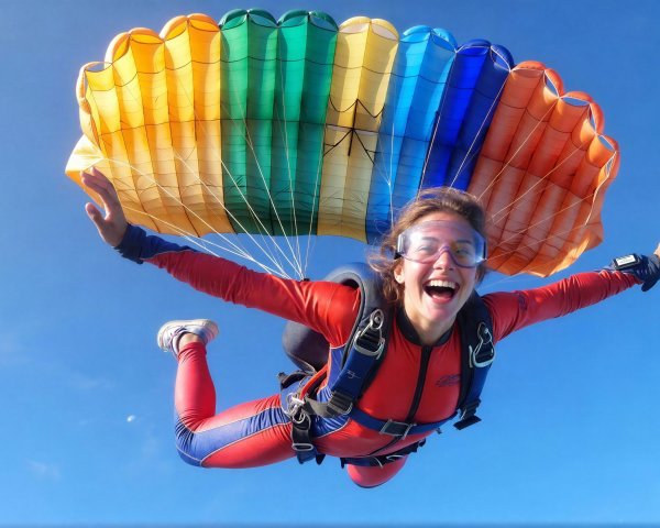 Young woman skydiving in colorful jumpsuit and parachute
