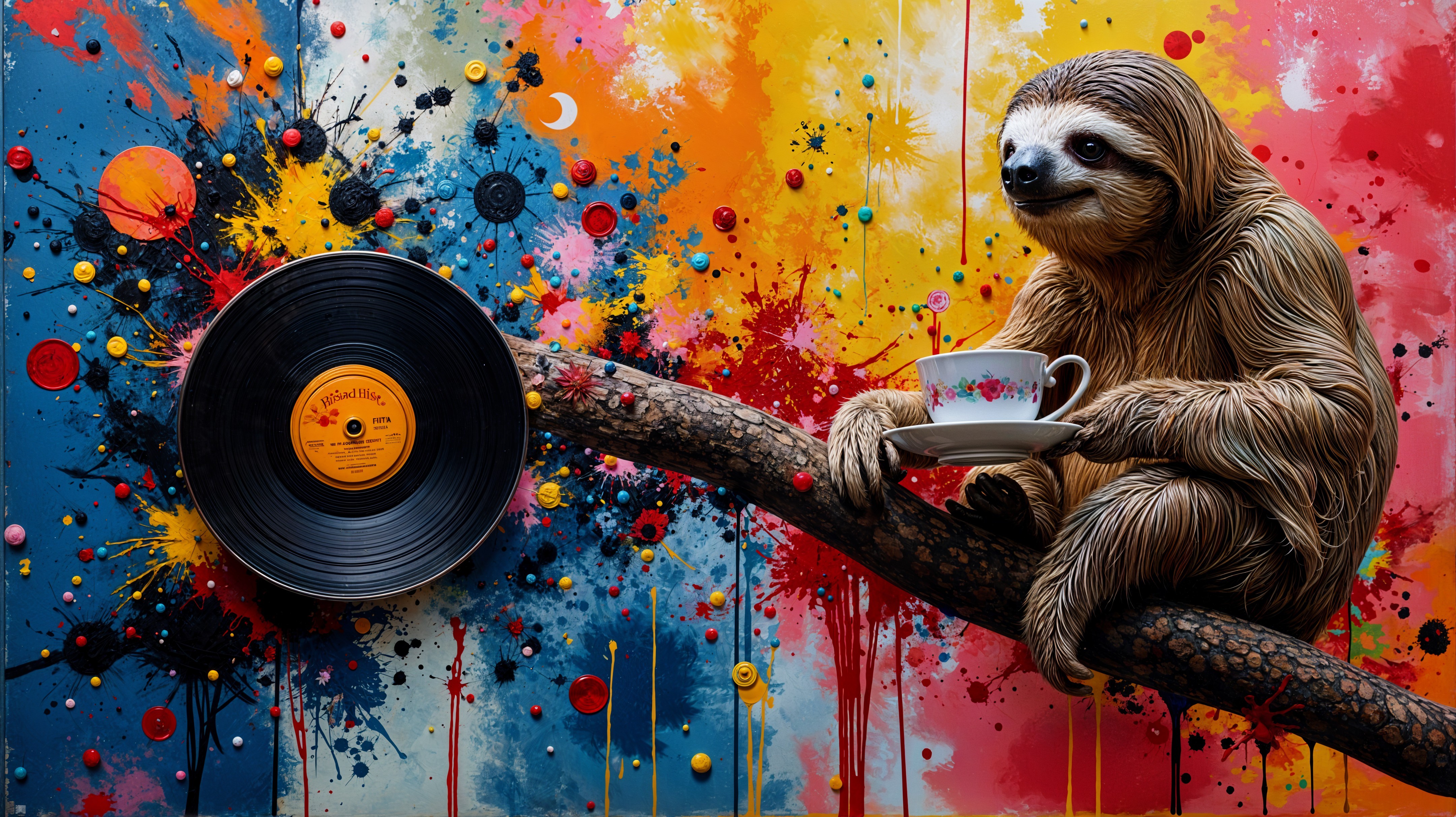 Whimsical Sloth on Branch with Teacup and Colors