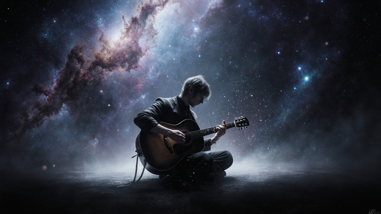 Silhouette of Musician in Cosmic Galaxy Setting