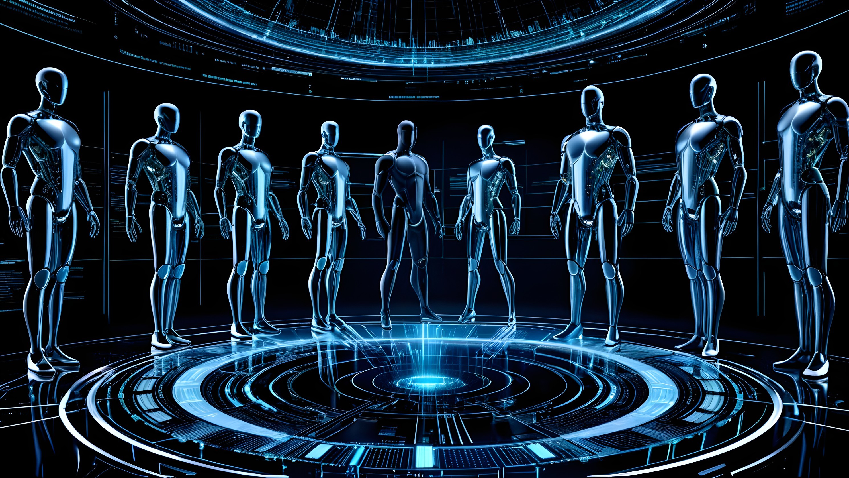 Futuristic Scene with Humanoid Robots in Formation