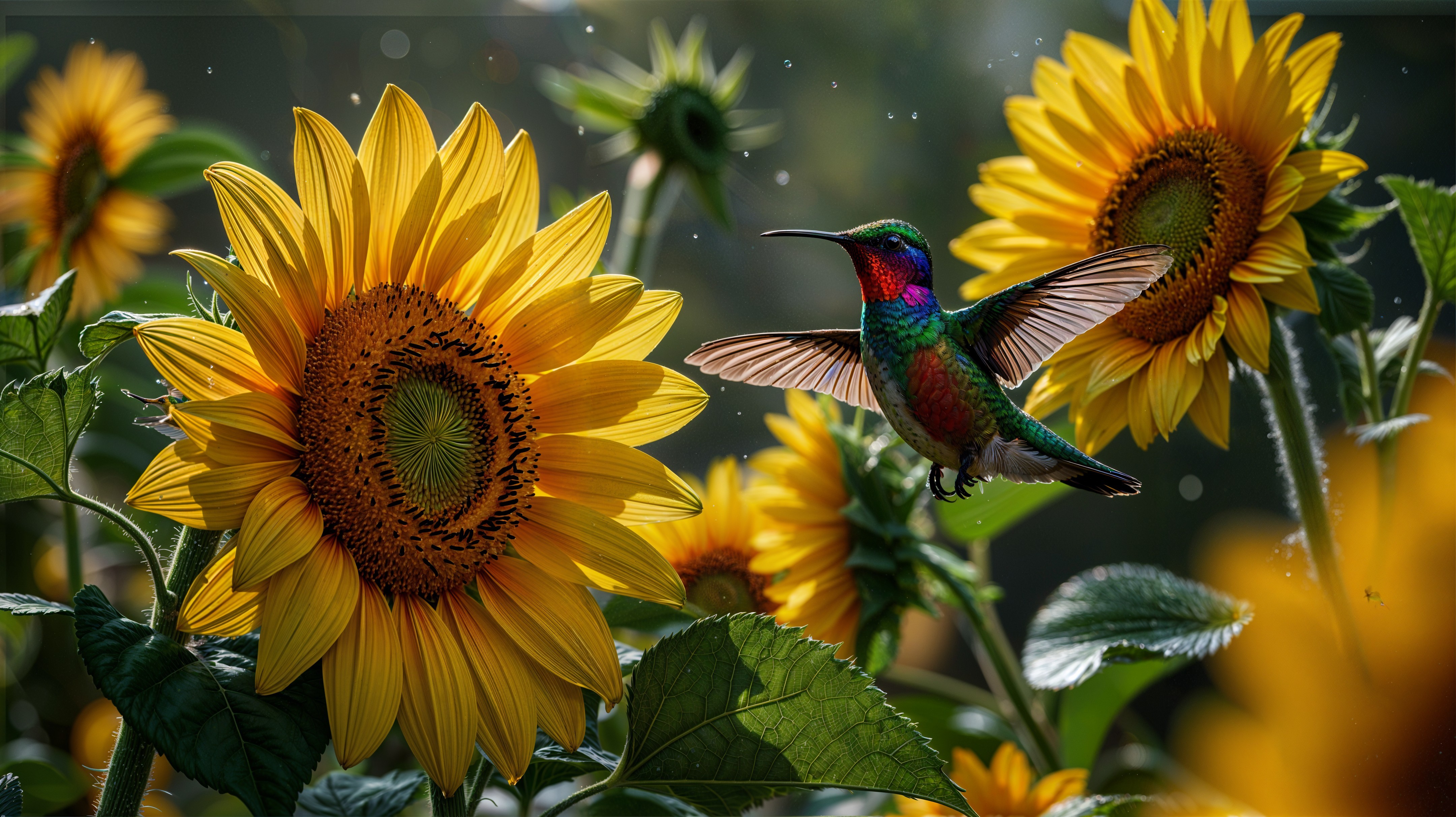 Hummingbird Near Bright Sunflowers in Summer Light