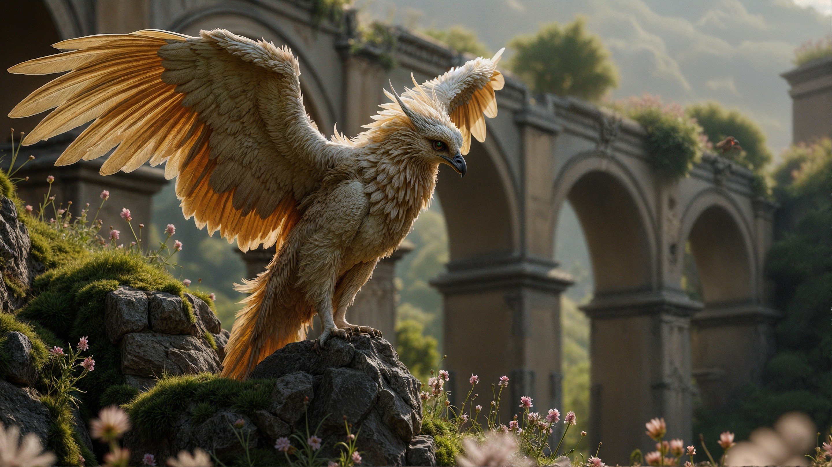 Majestic golden-feathered creature on rocky outcrop