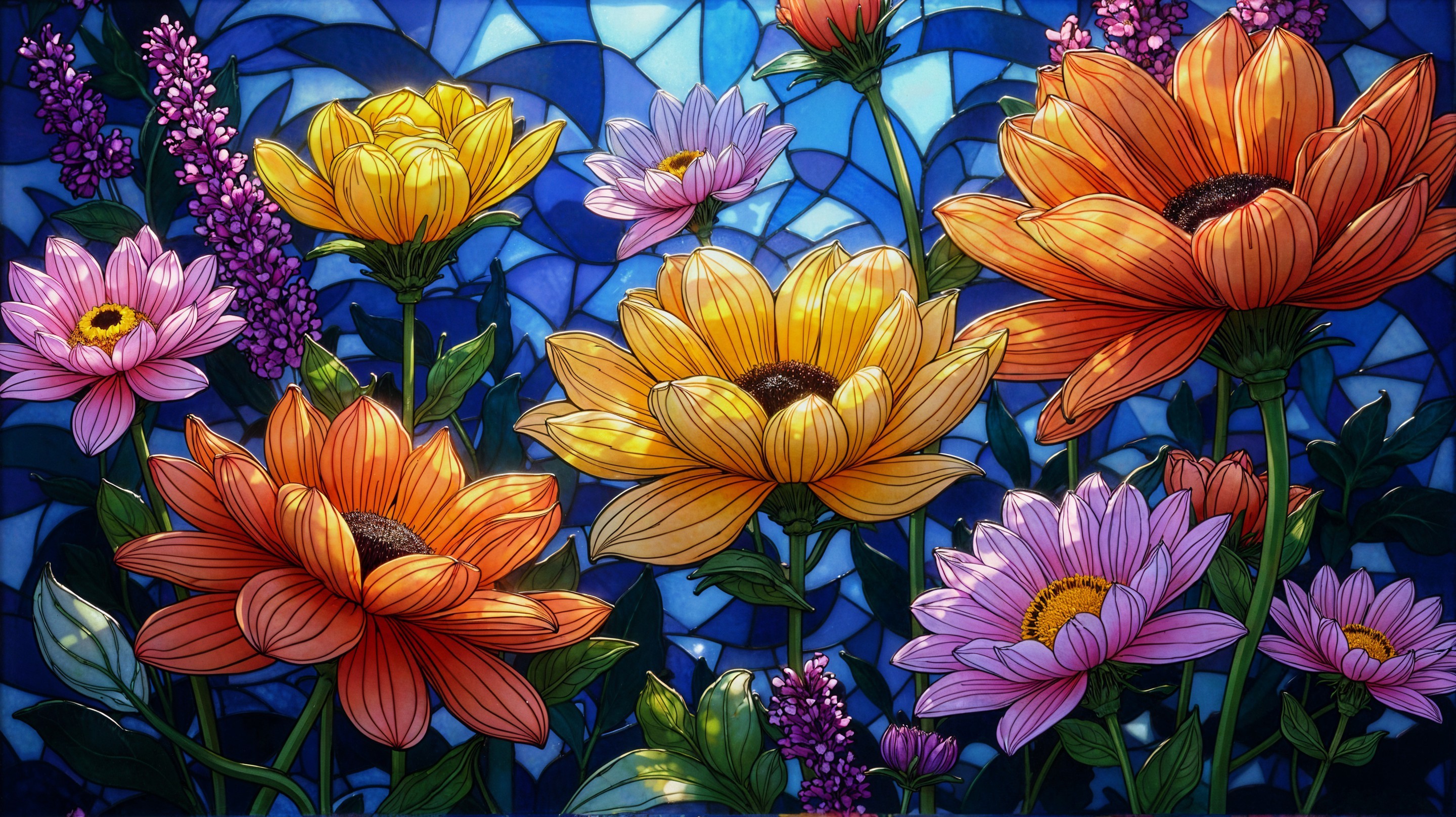 Vibrant Stained Glass Flower Arrangement in Blue