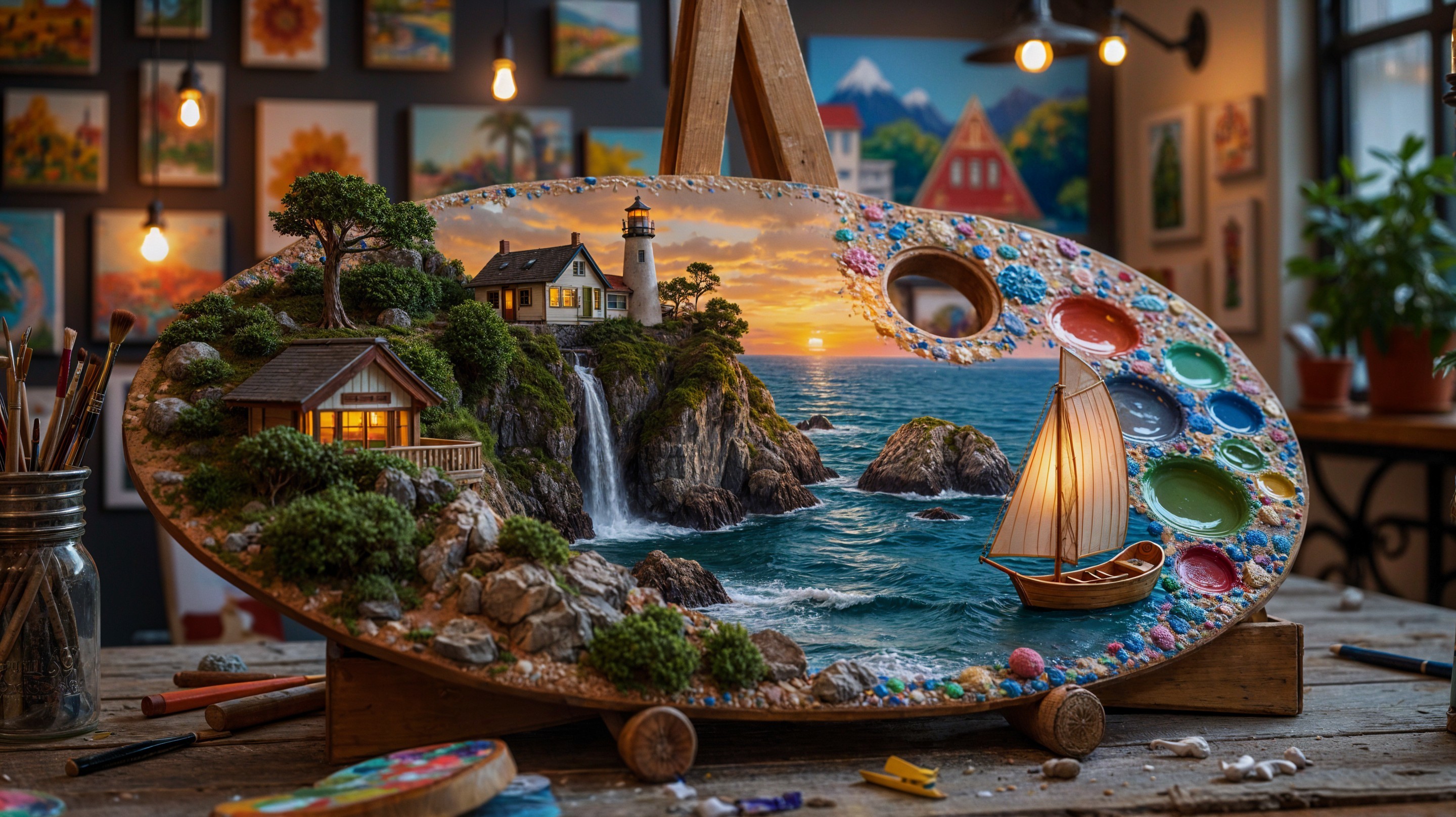 Artist's Palette as Scenic Diorama with Lighthouse