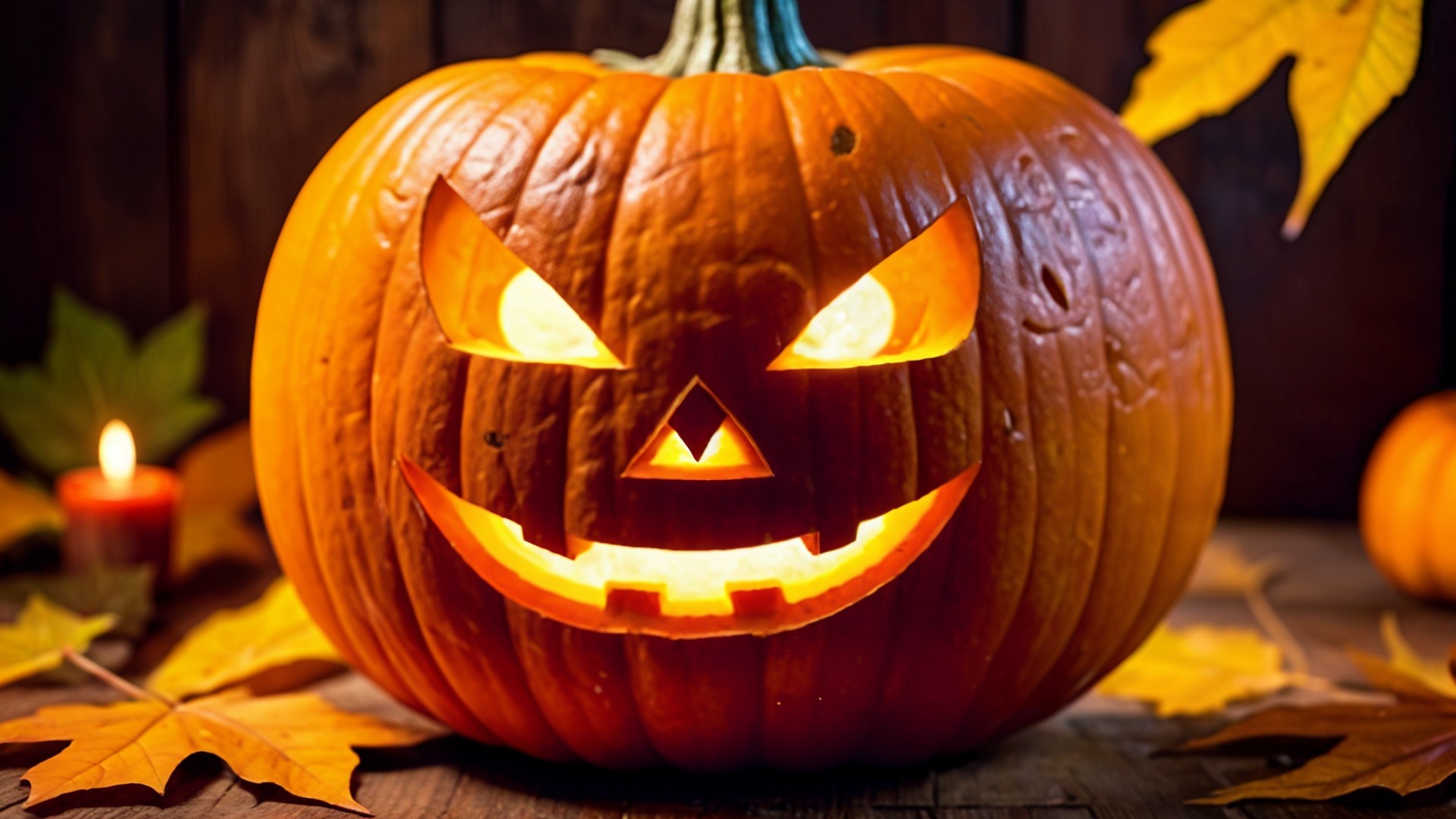 Carved Pumpkin with Mischievous Face in Autumn Setting