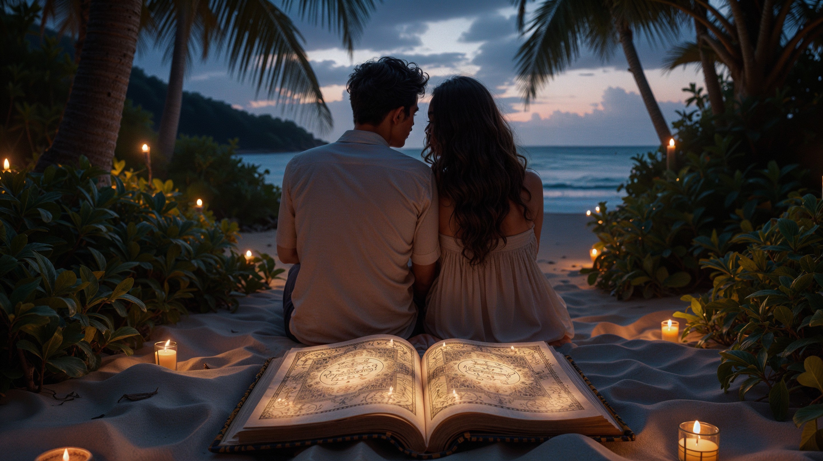 Romantic Beach Scene with Candles and Open Book