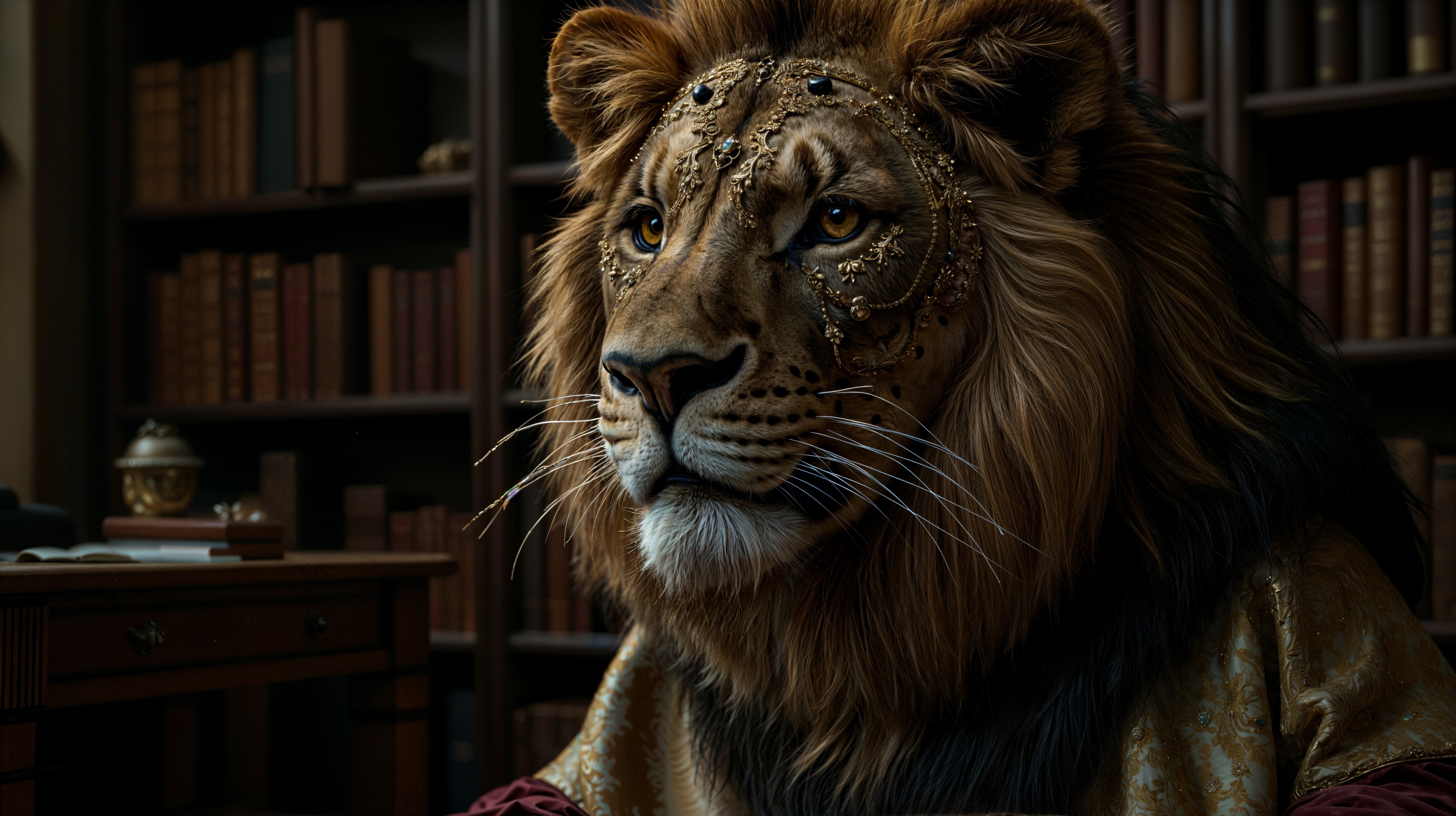 Majestic lion in ornate jewelry within a library setting