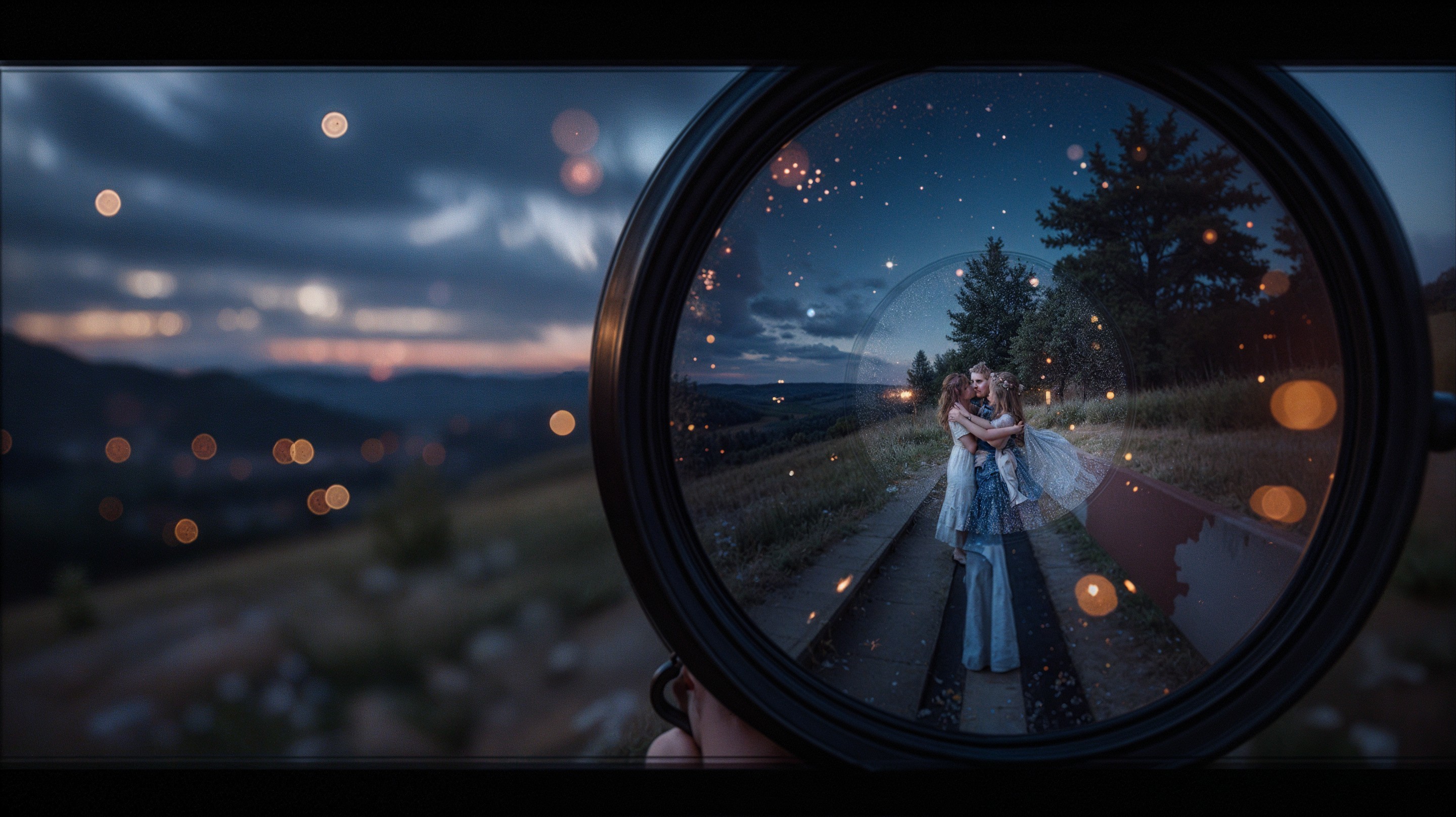 Joyful Embrace in a Scenic Twilight Landscape