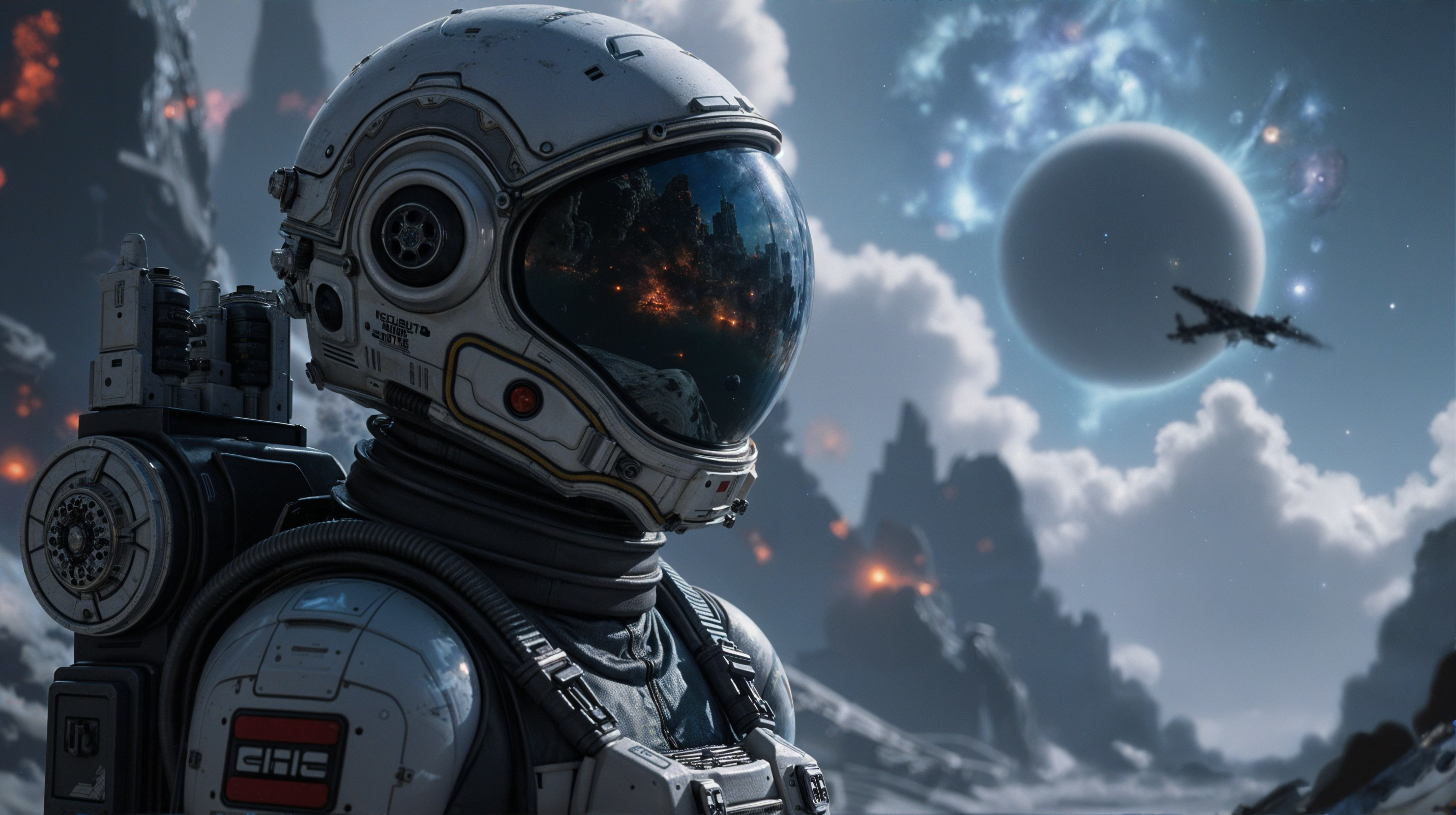 Futuristic Astronaut on Alien Landscape with Spacecraft
