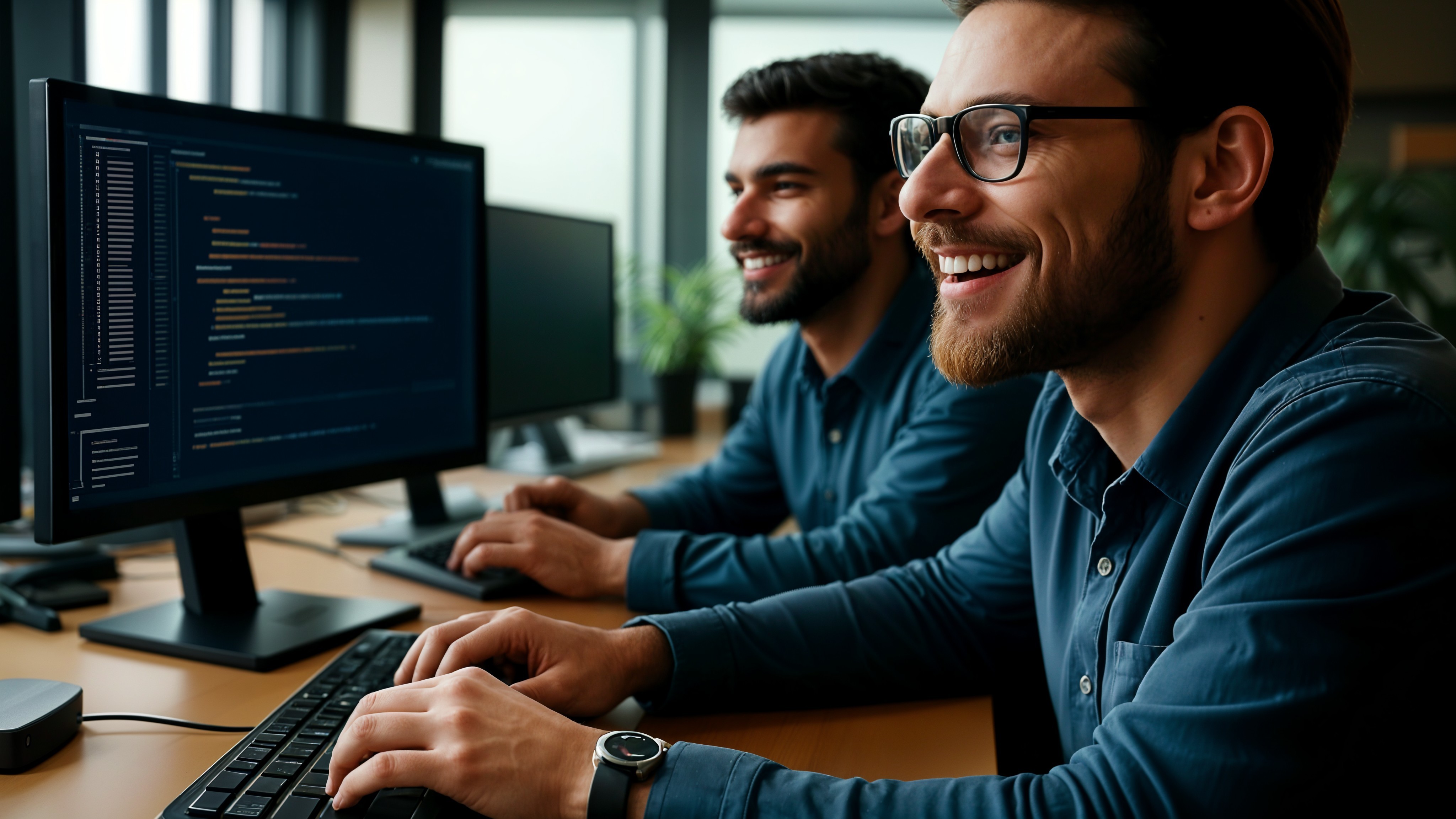 Young Men Working at Laptops in Modern Office Setting