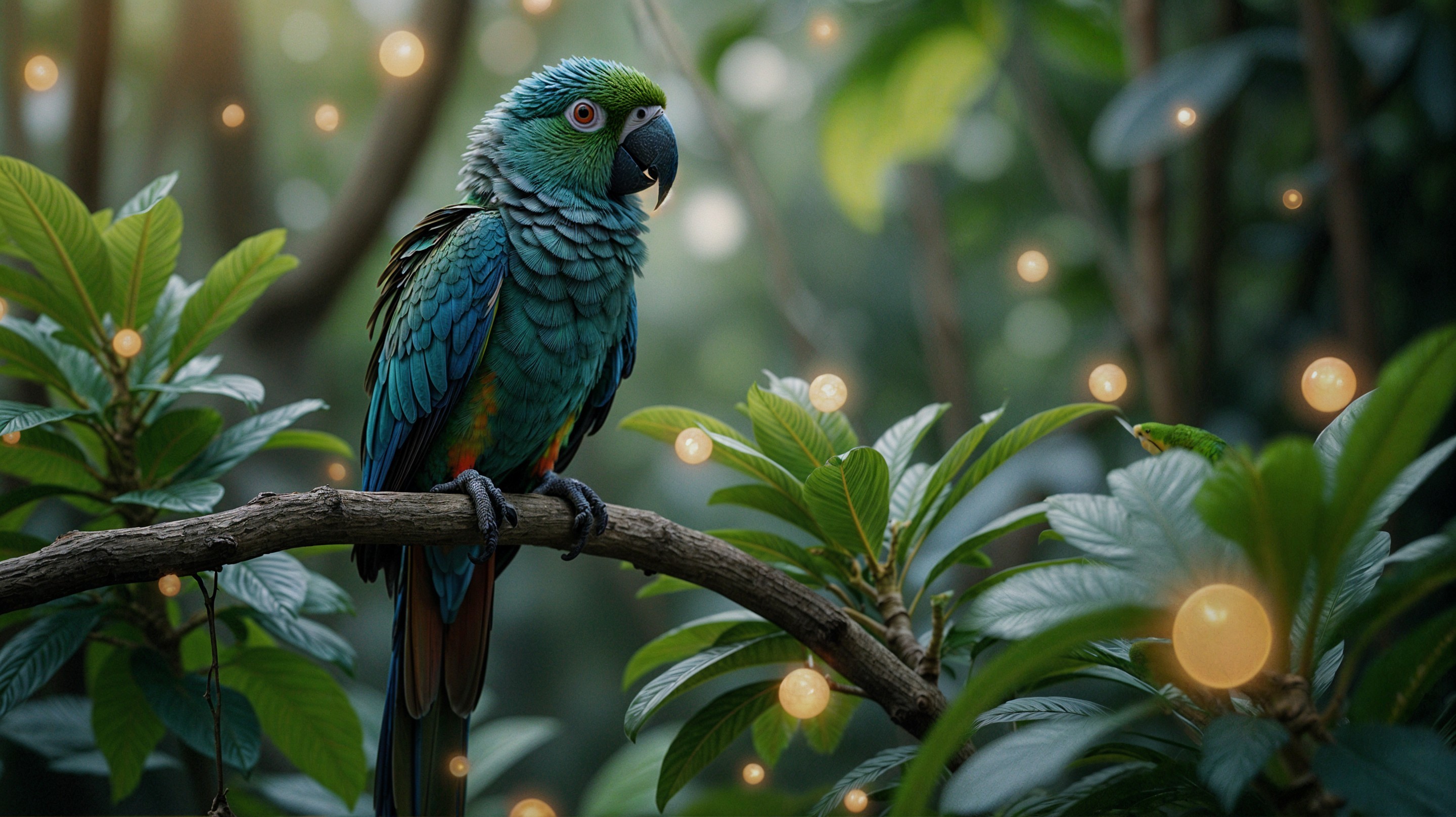 Vibrant Parrot on Branch Surrounded by Green Foliage