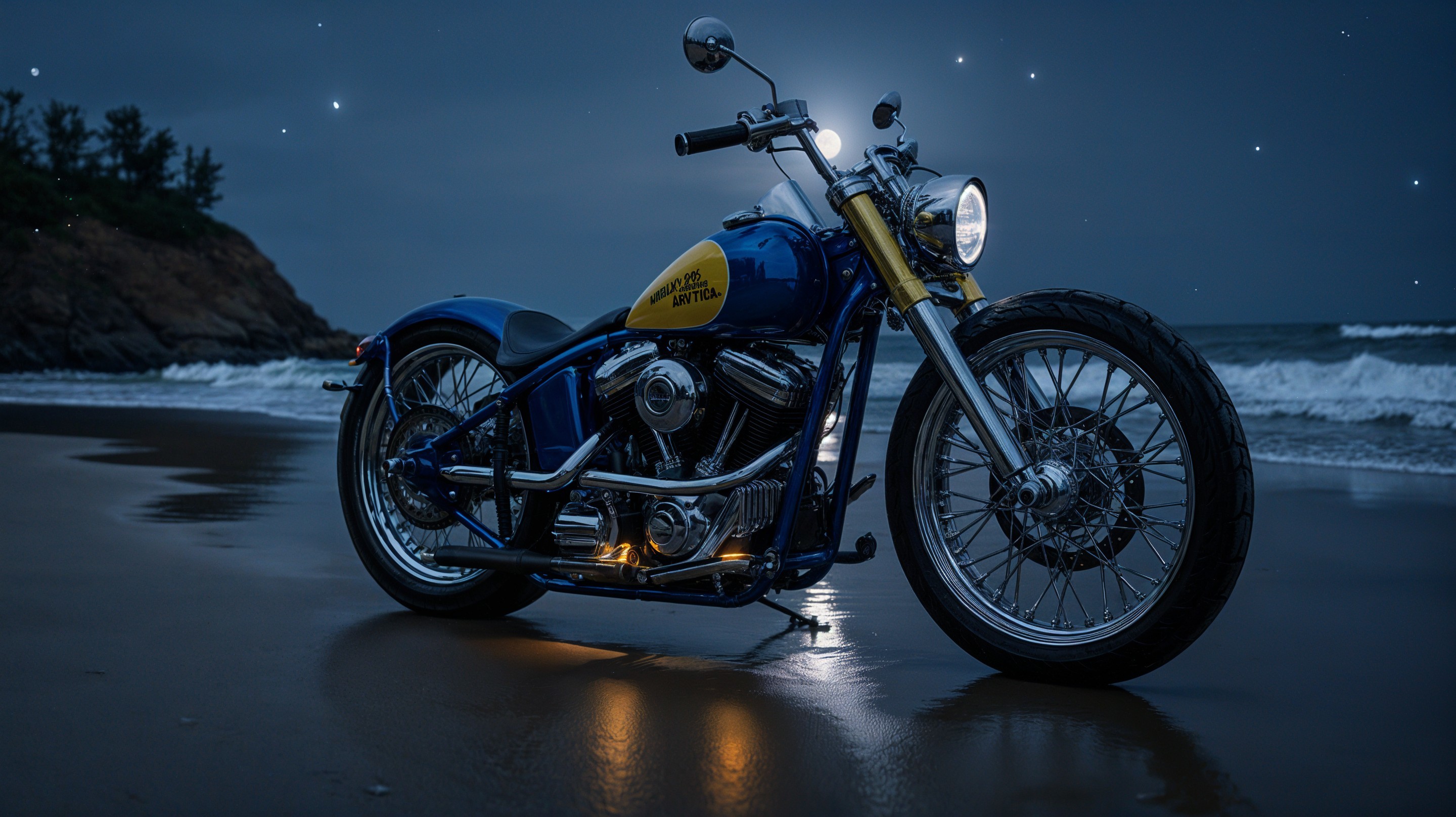 Classic motorcycle on a beach at dusk with waves