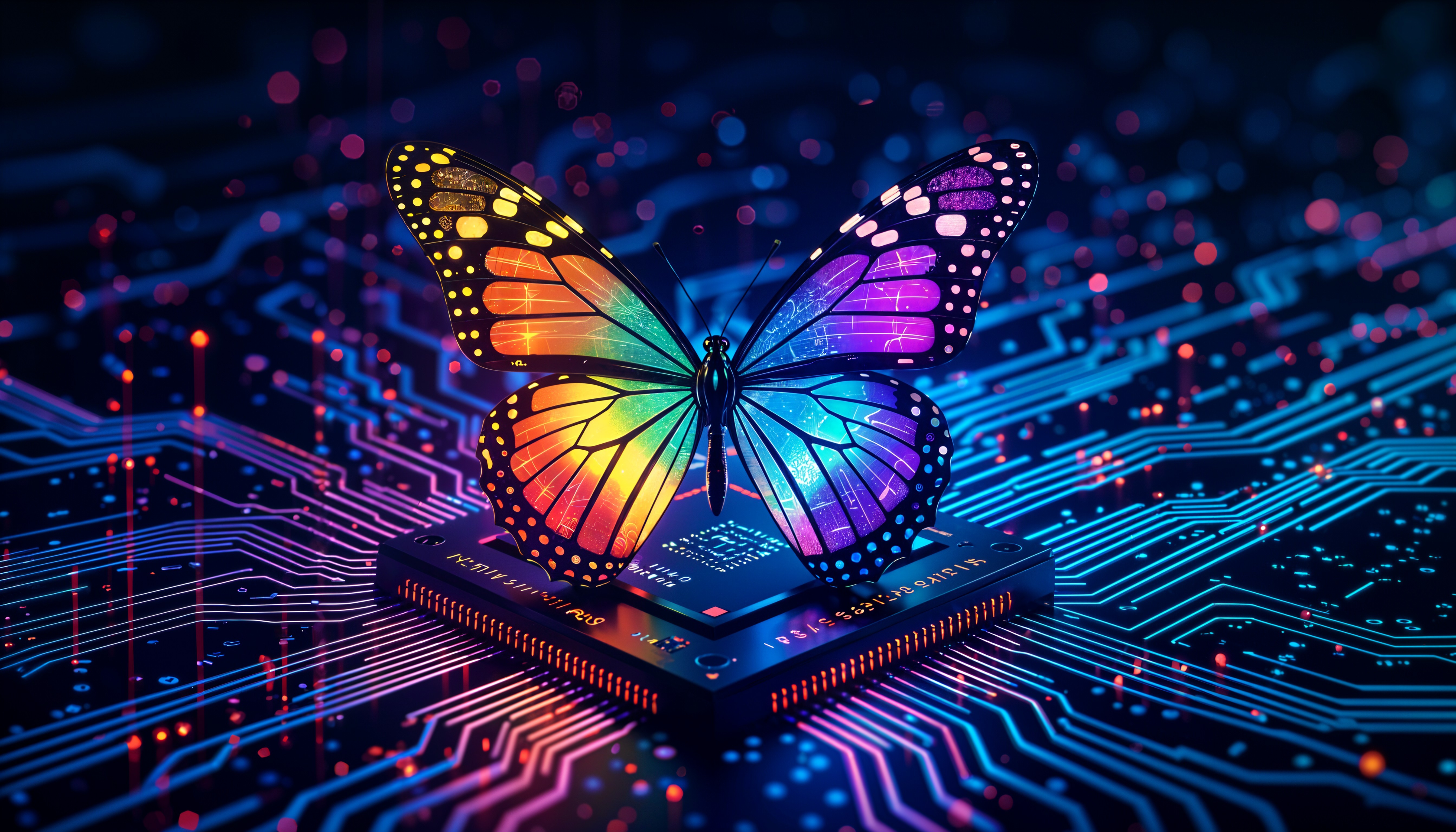Rainbow Butterfly on Computer Chip with Circuit Board