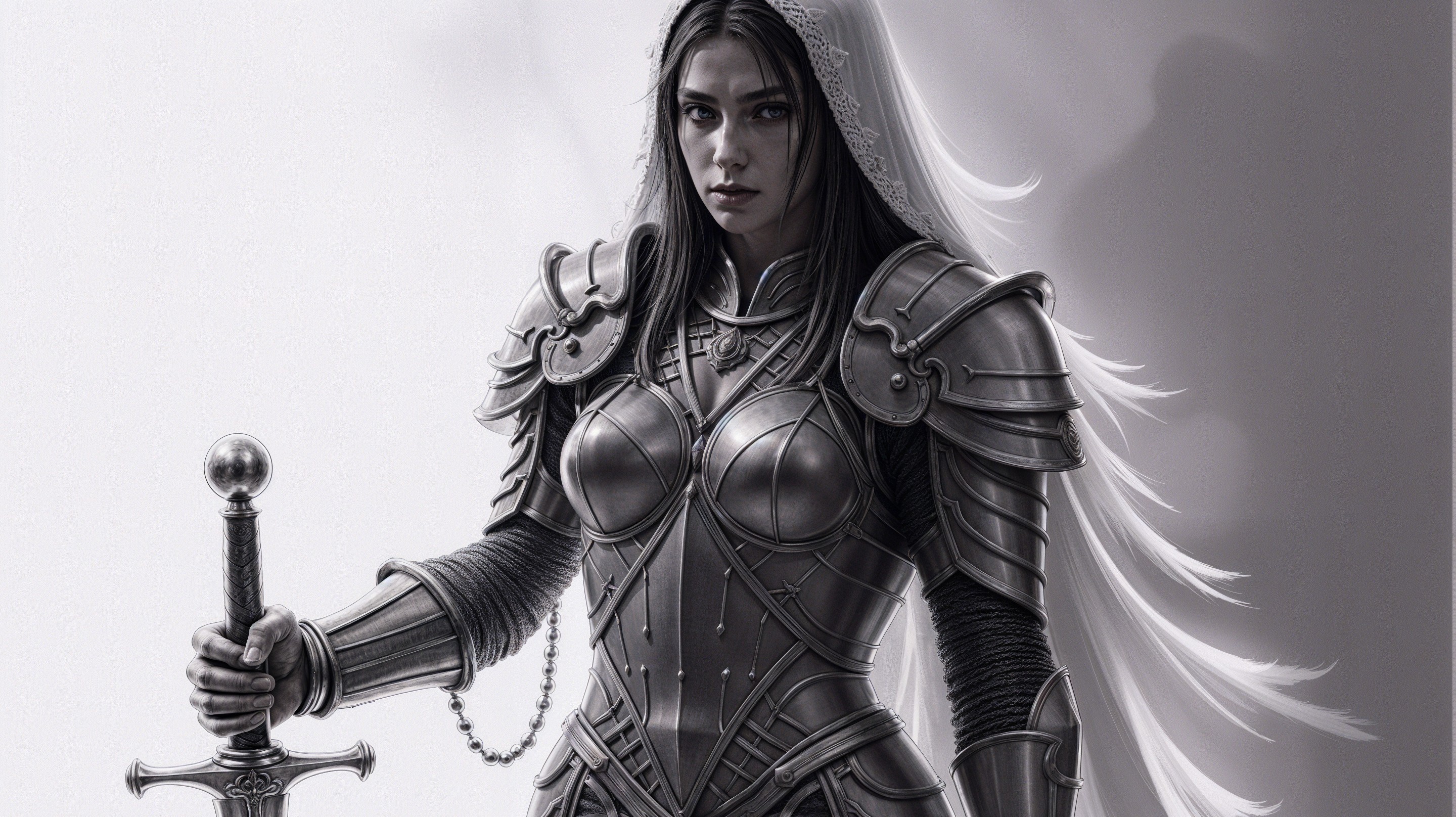 Fierce warrior in detailed silver armor with sword