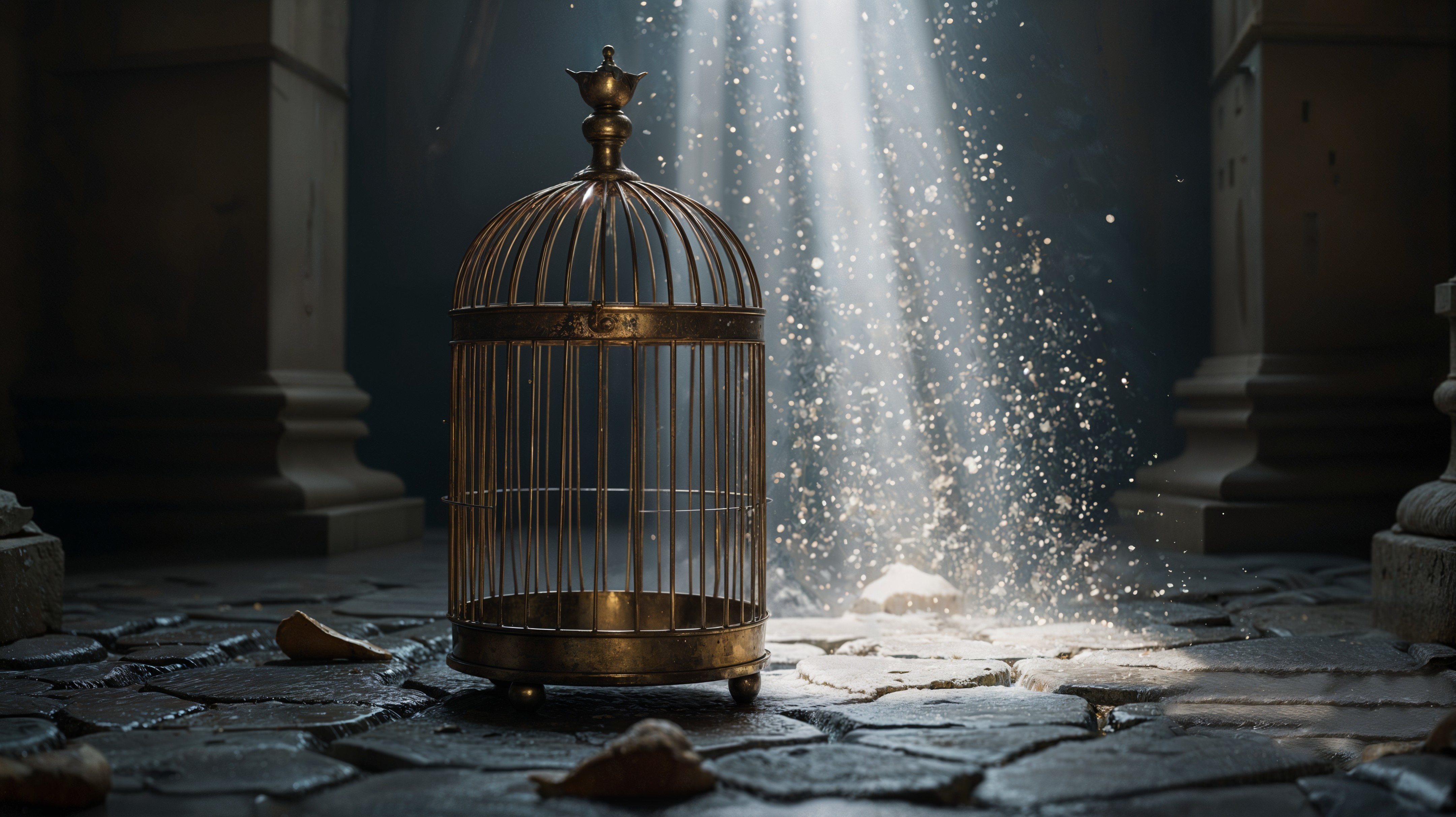 Vintage Birdcage in Dimly Lit Stone Chamber