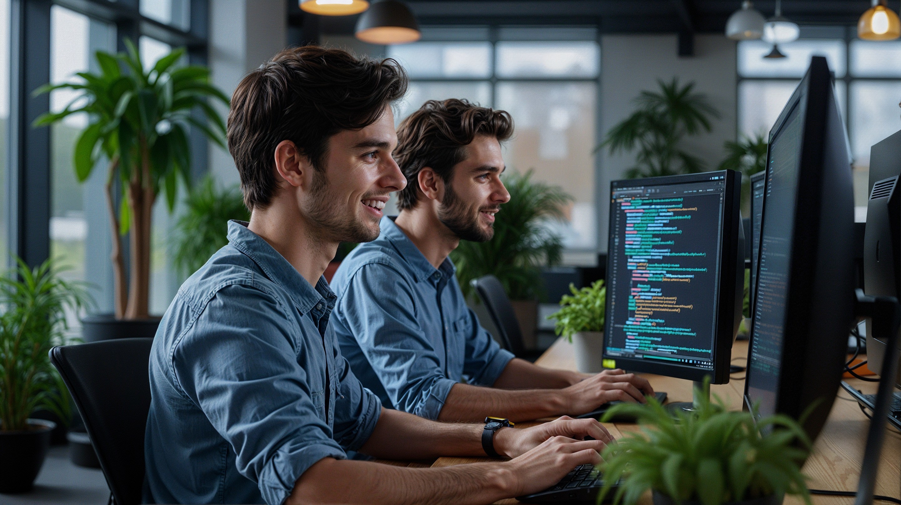 Modern office with two men coding at a desk
