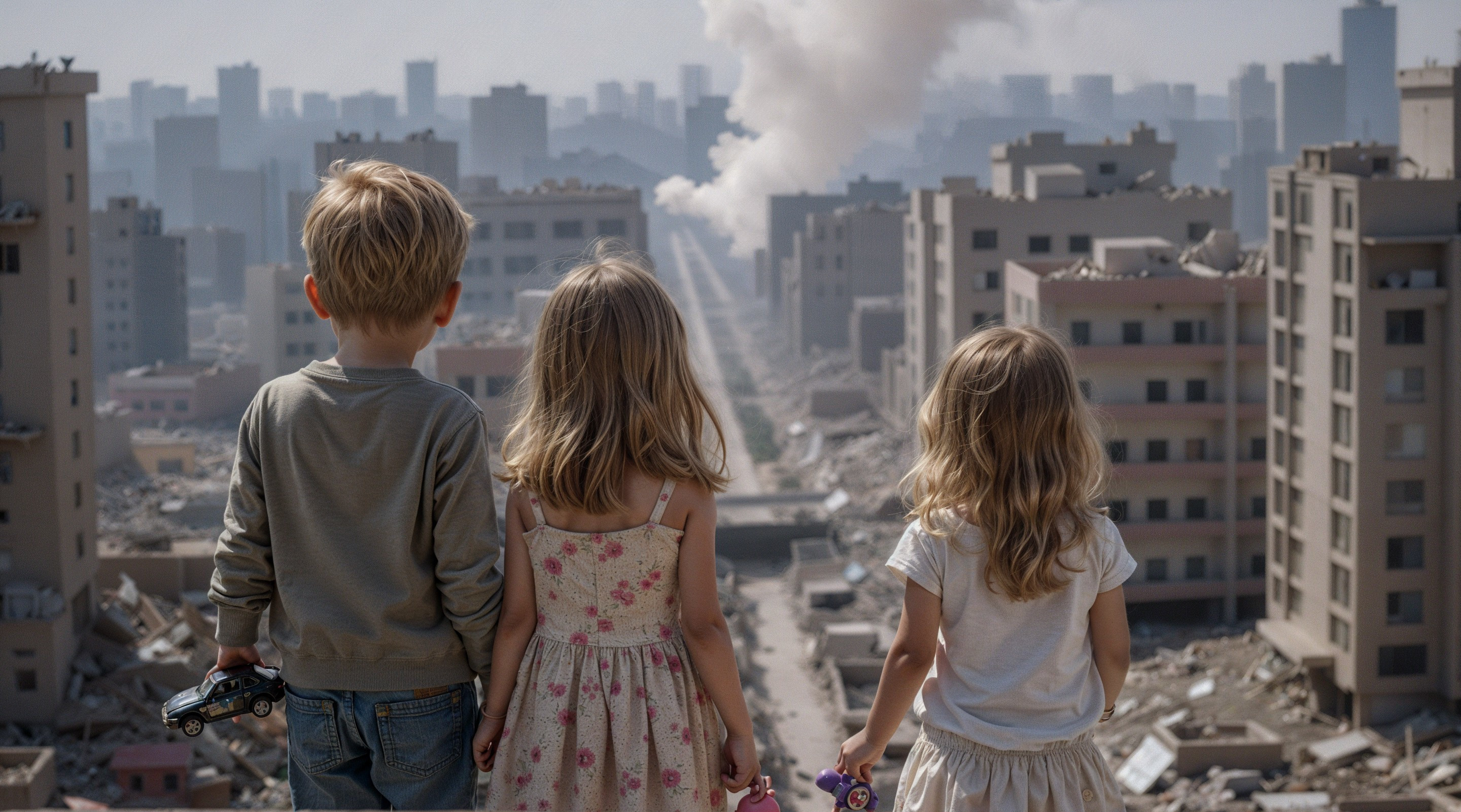 Children Observing a Devastated Urban Landscape