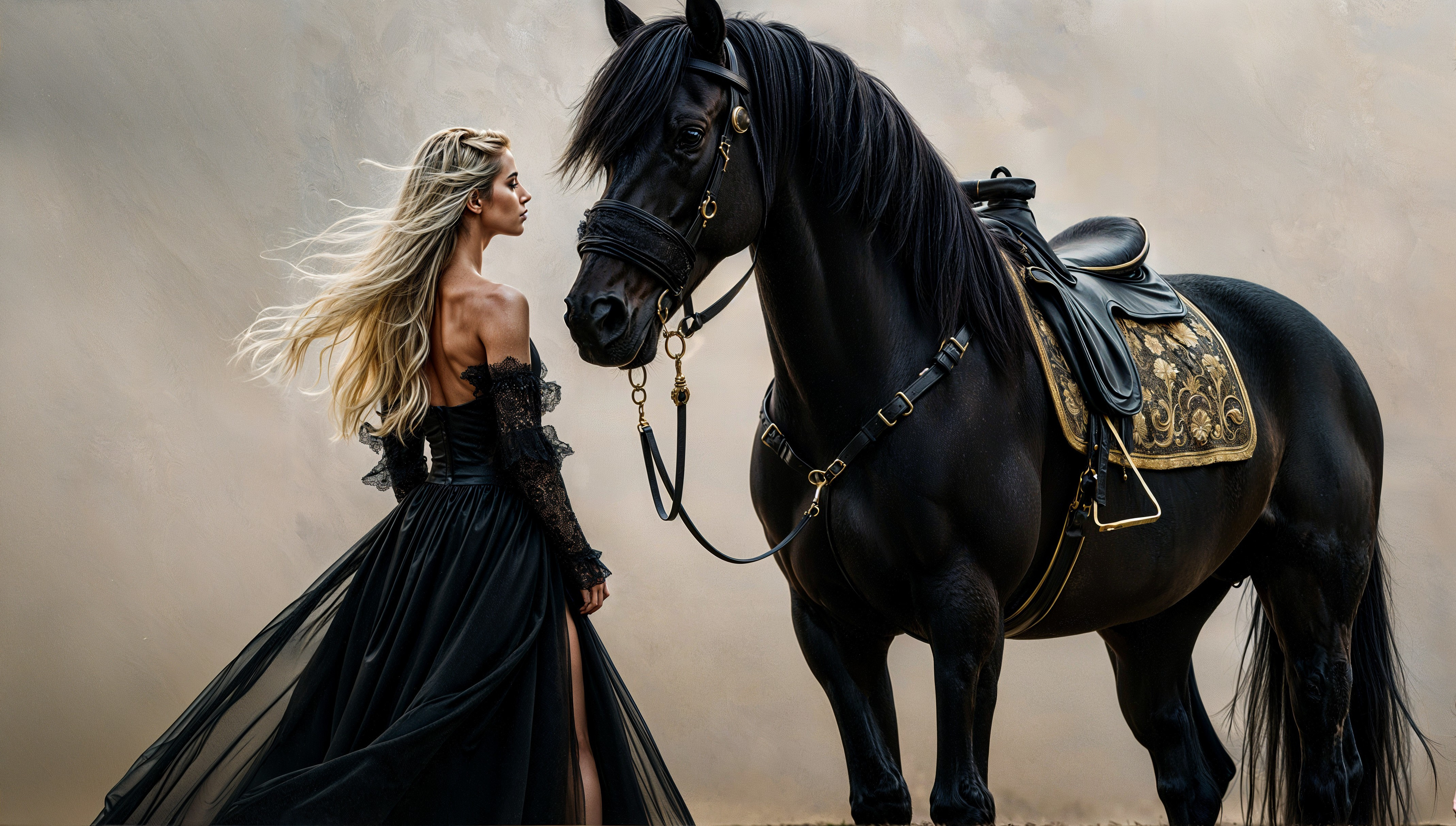 Elegant Woman in Black Gown with Majestic Horse