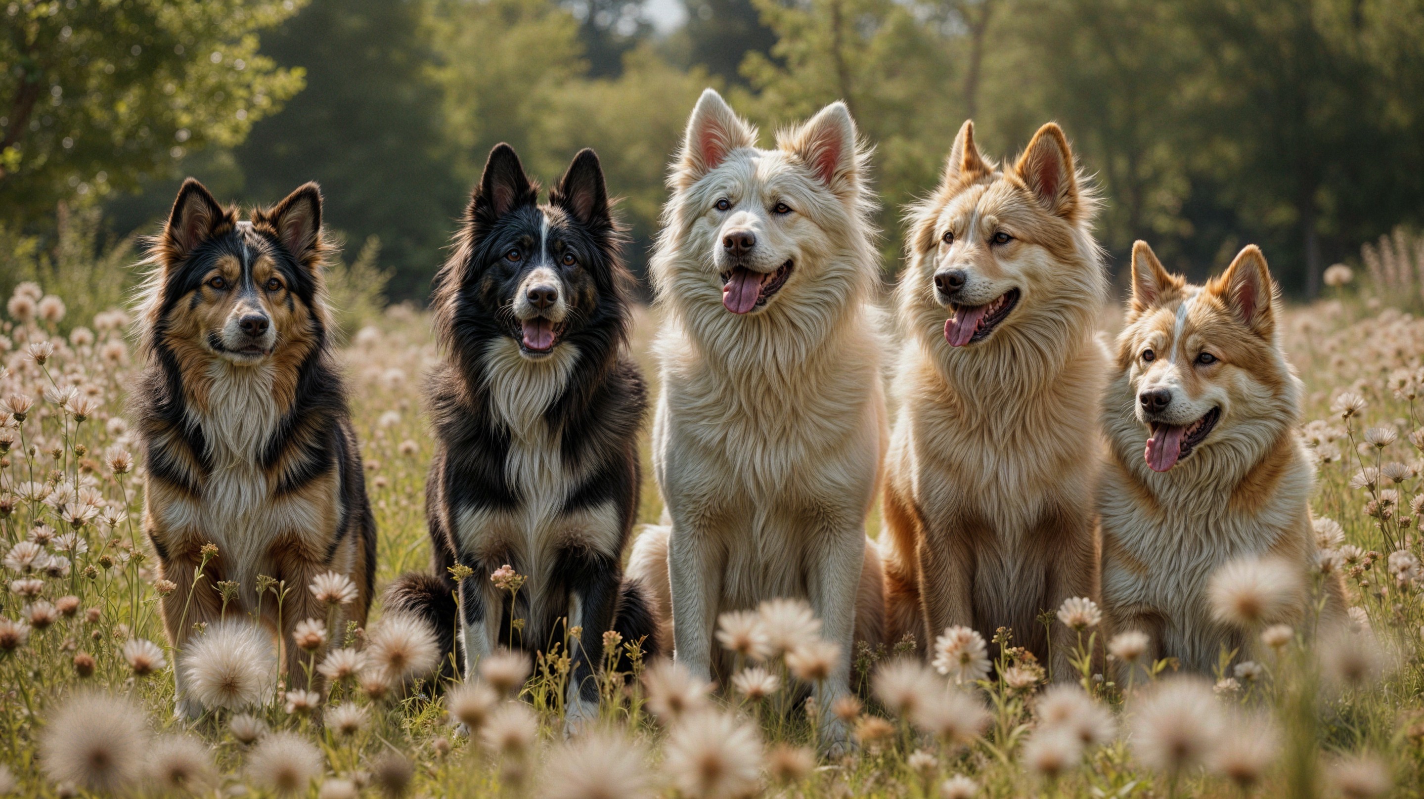 Five Dogs in a Sunlit Field of Dandelion Flowers