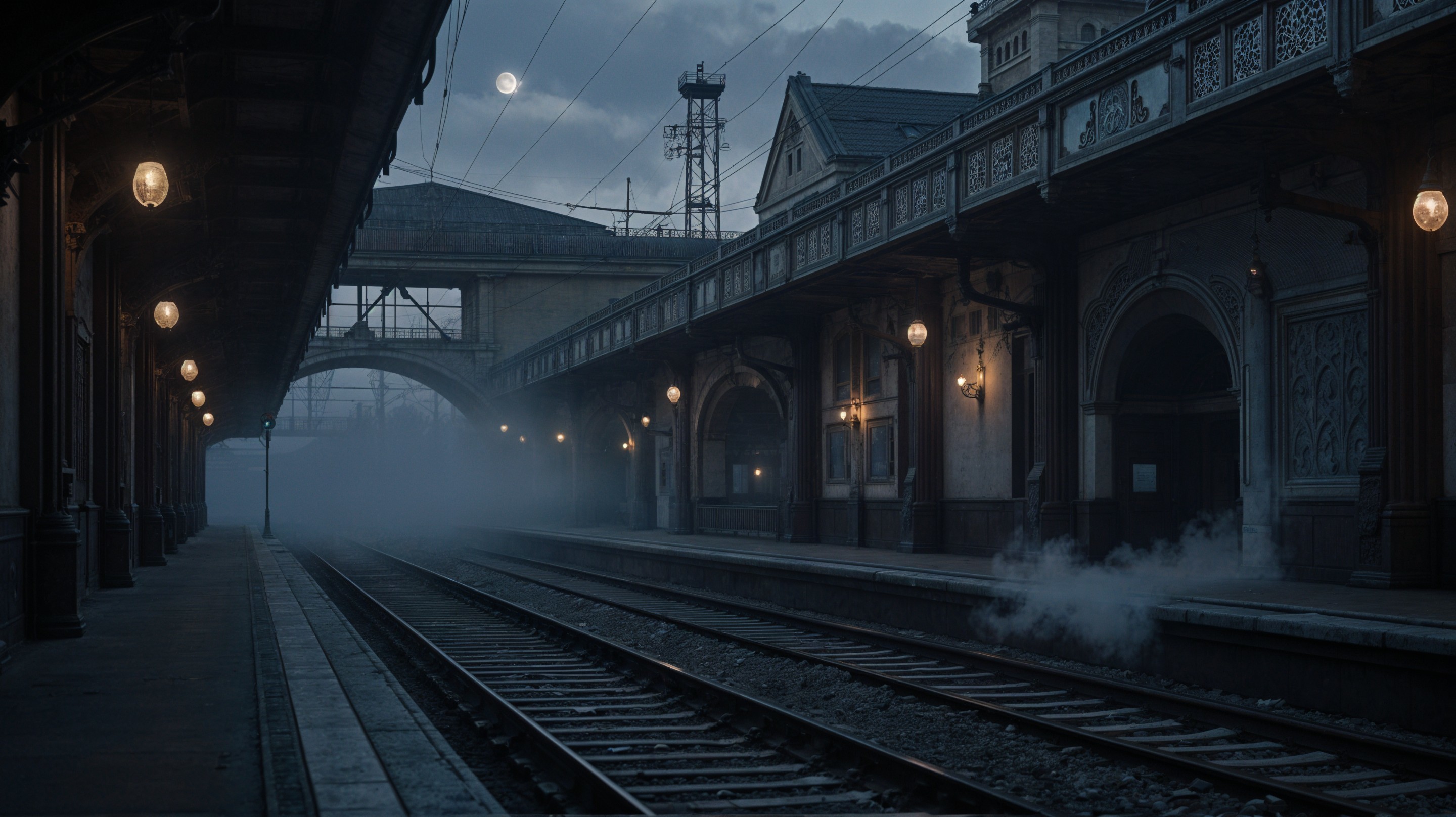 Dimly Lit Train Station with Vintage Architecture at Dusk