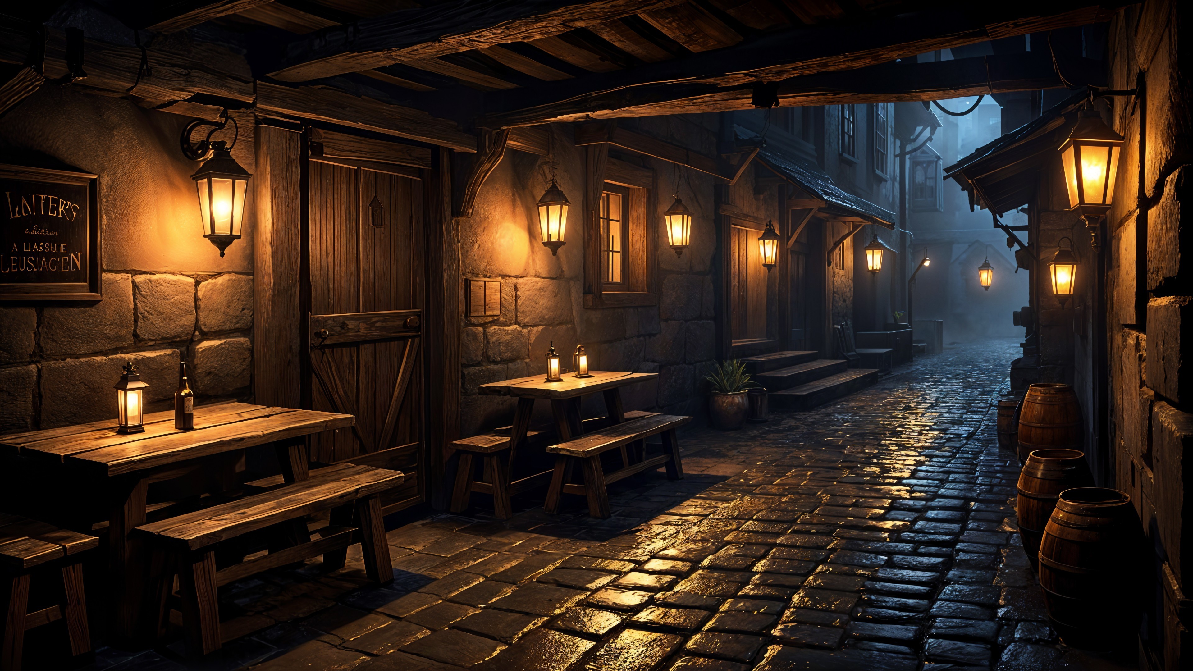 Charming Cobblestone Alleyway with Lanterns and Barrels
