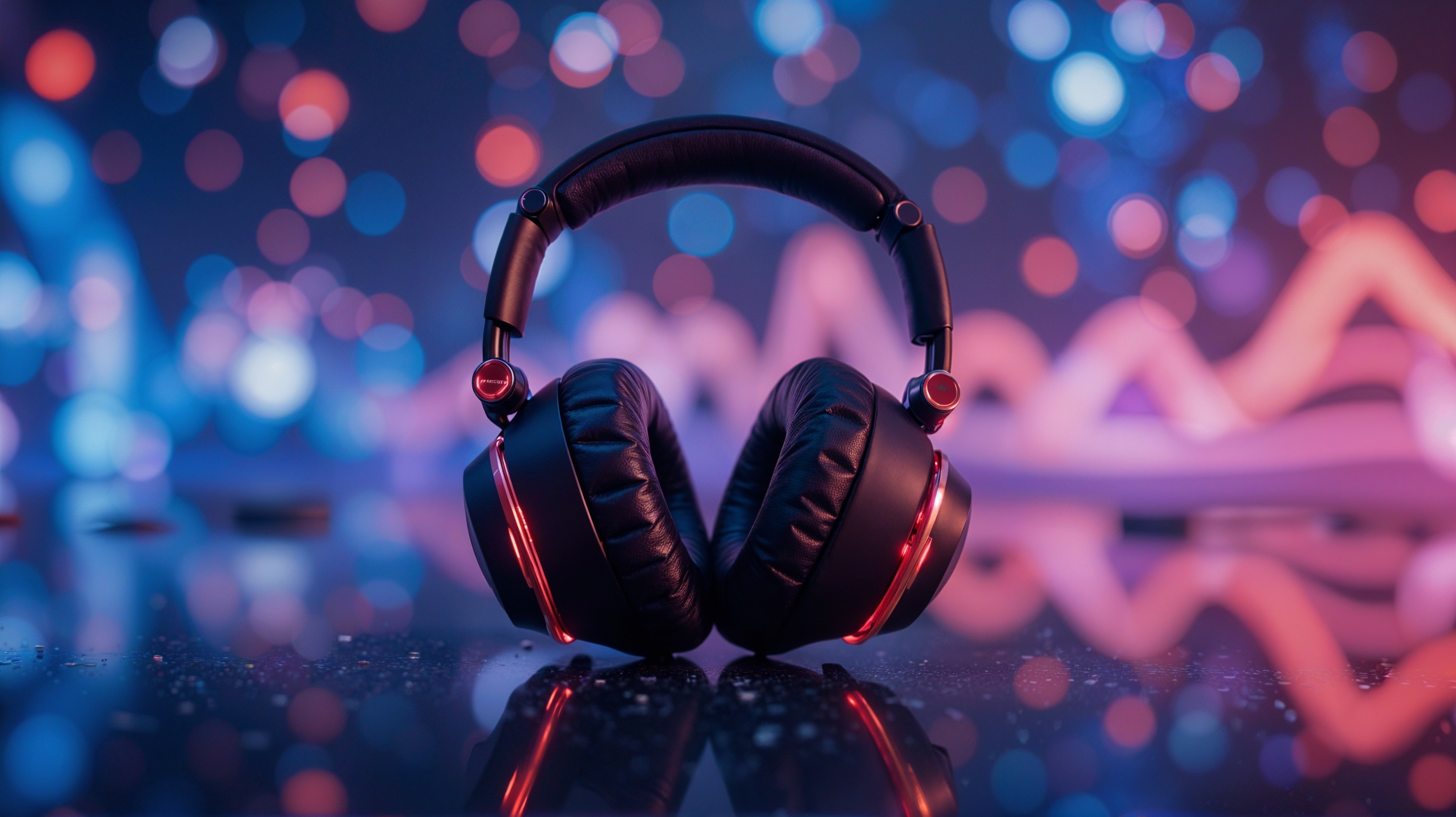 Black Headphones on Reflective Surface with Bokeh Lights