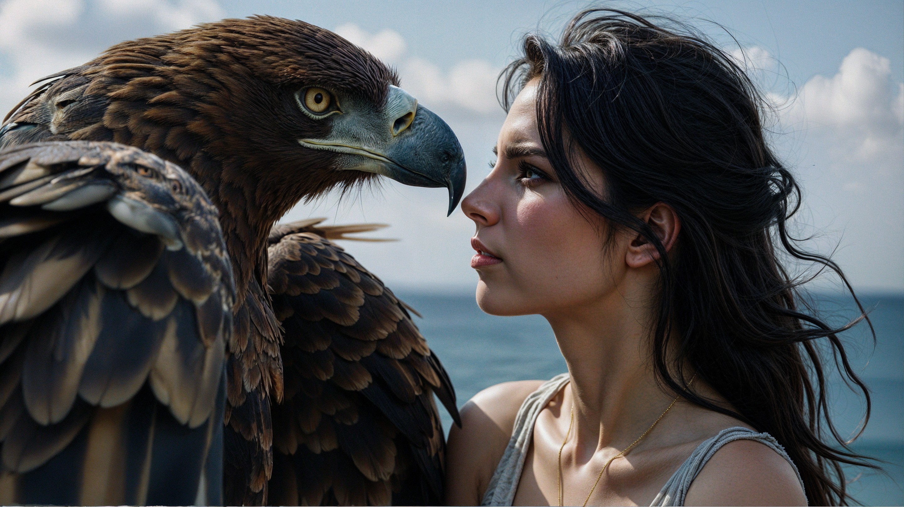 Young Woman and Eagle in a Serene Nature Scene