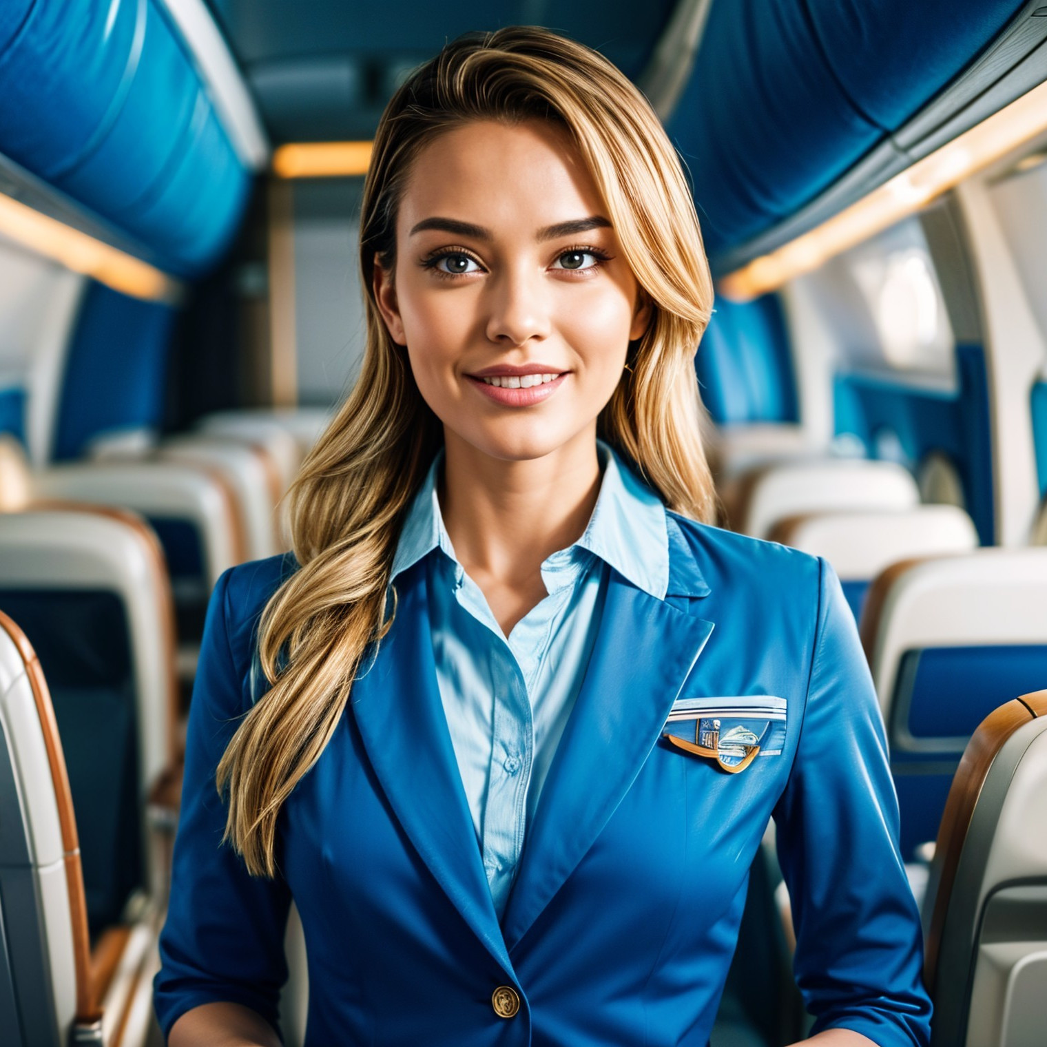 Flight Attendant in Vibrant Uniform Inside Airplane Cabin