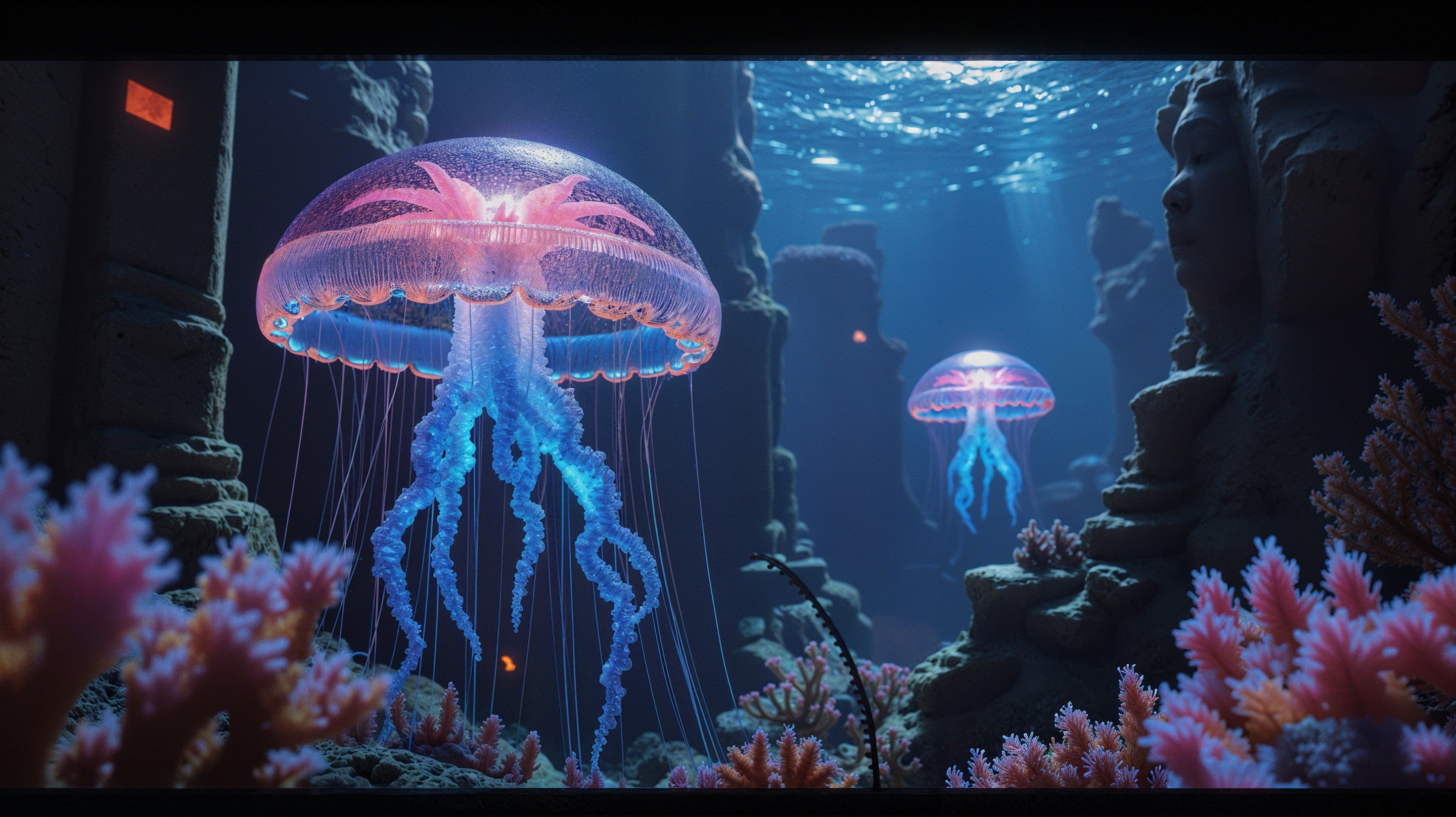 Underwater Scene of Glowing Jellyfish and Ruins