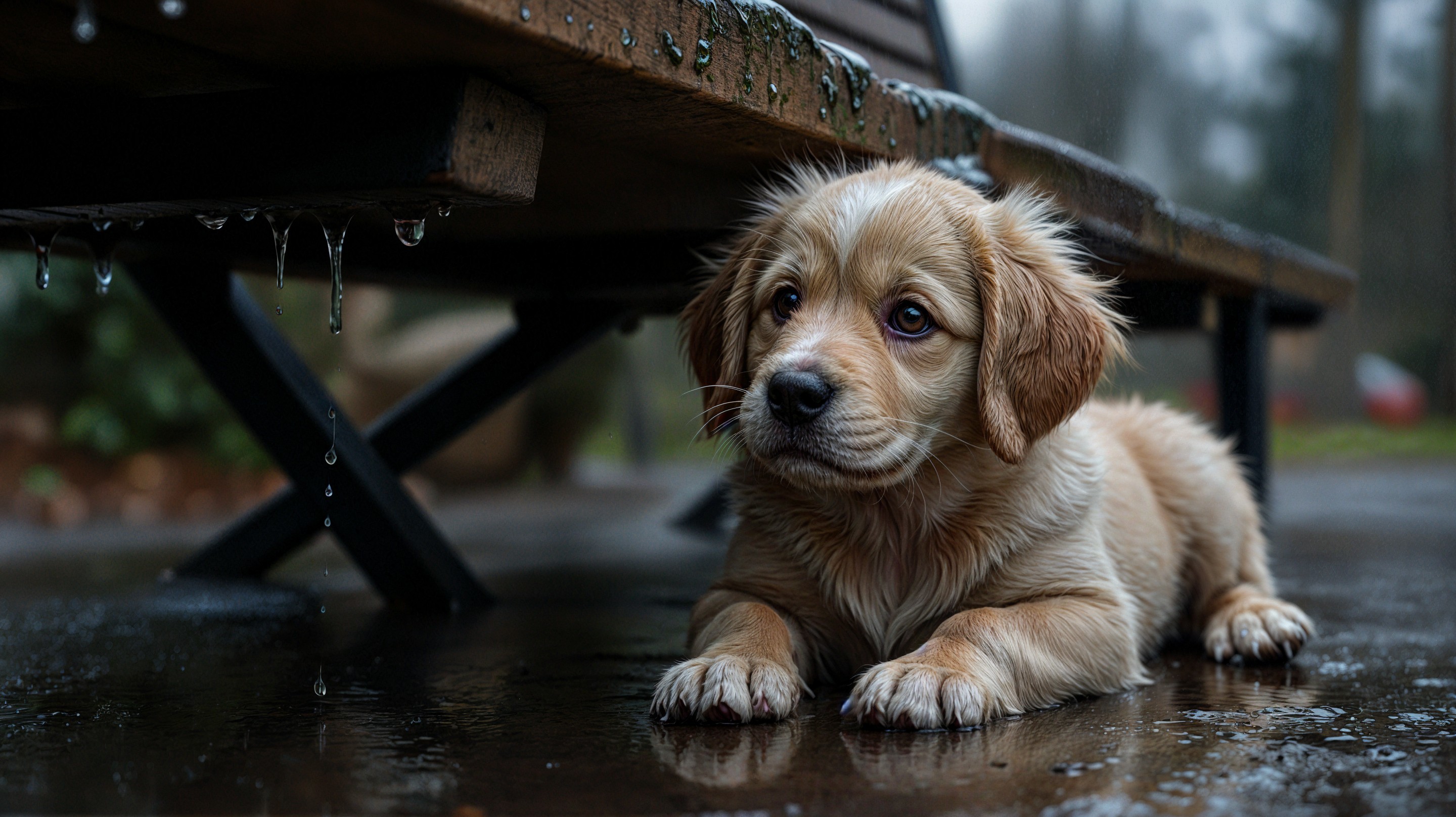 Fluffy Golden Puppy on Wet Surface by Wooden Bench