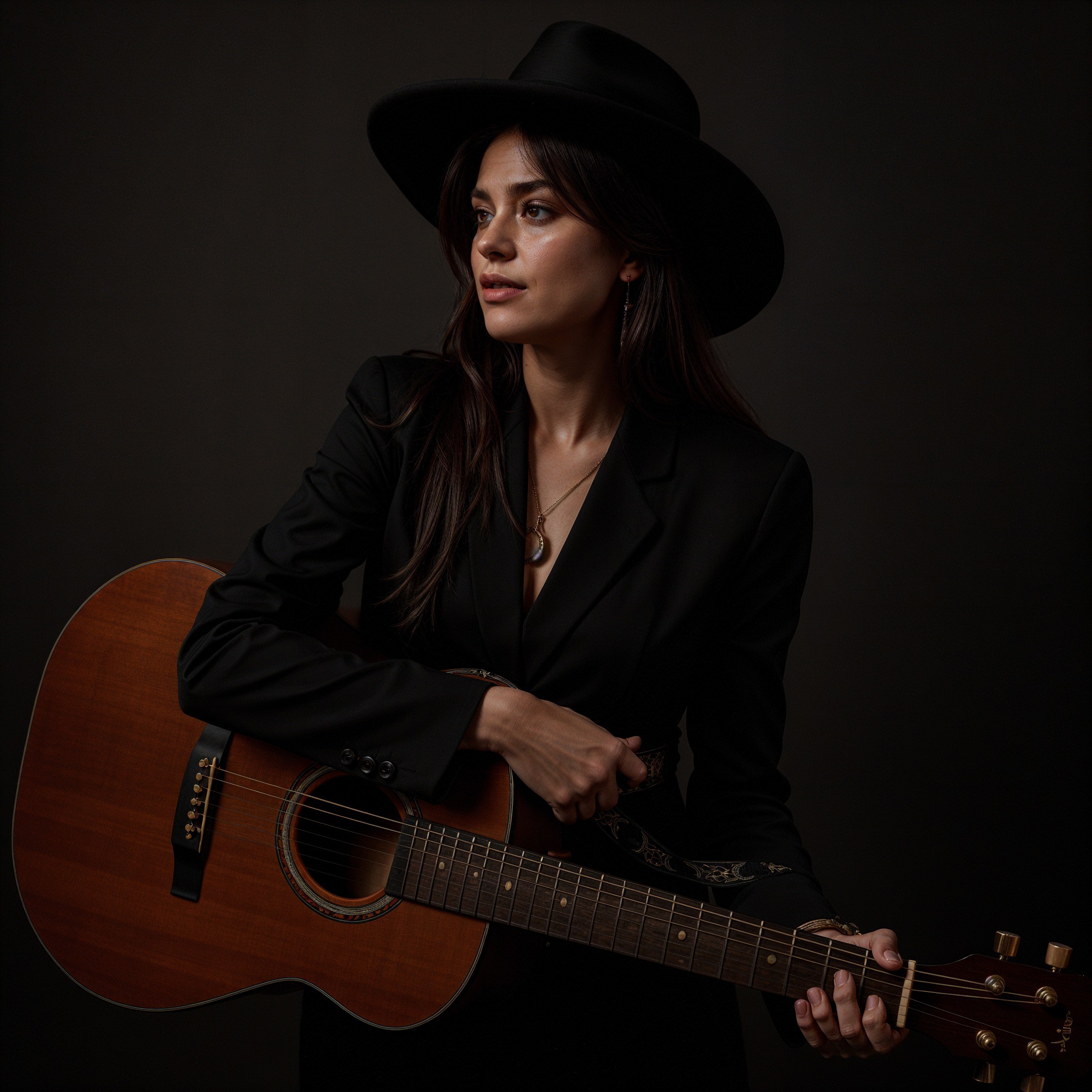 Woman with Guitar in Black Outfit and Wide-Brimmed Hat