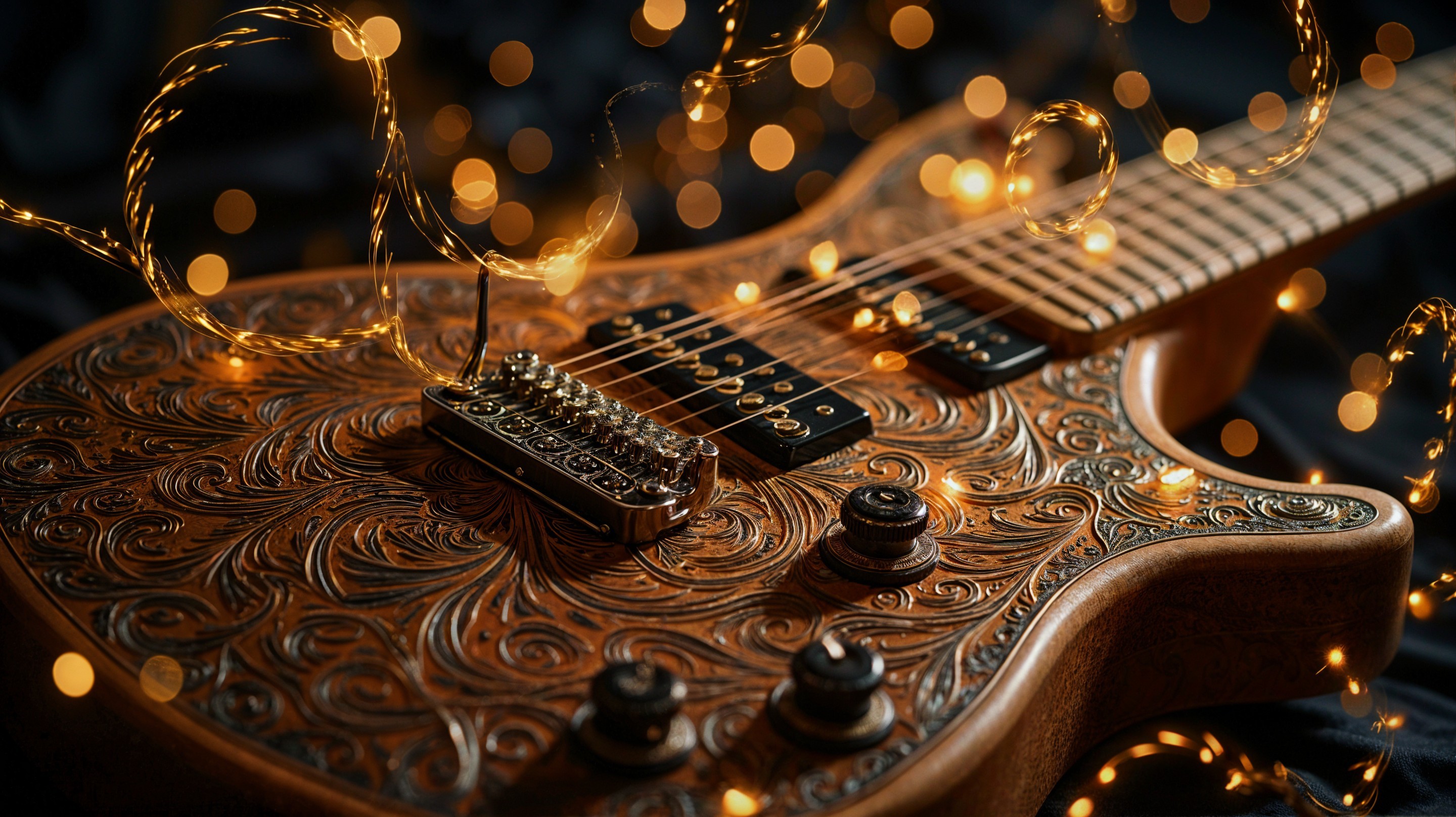 Ornately Carved Guitar with Twinkling Fairy Lights