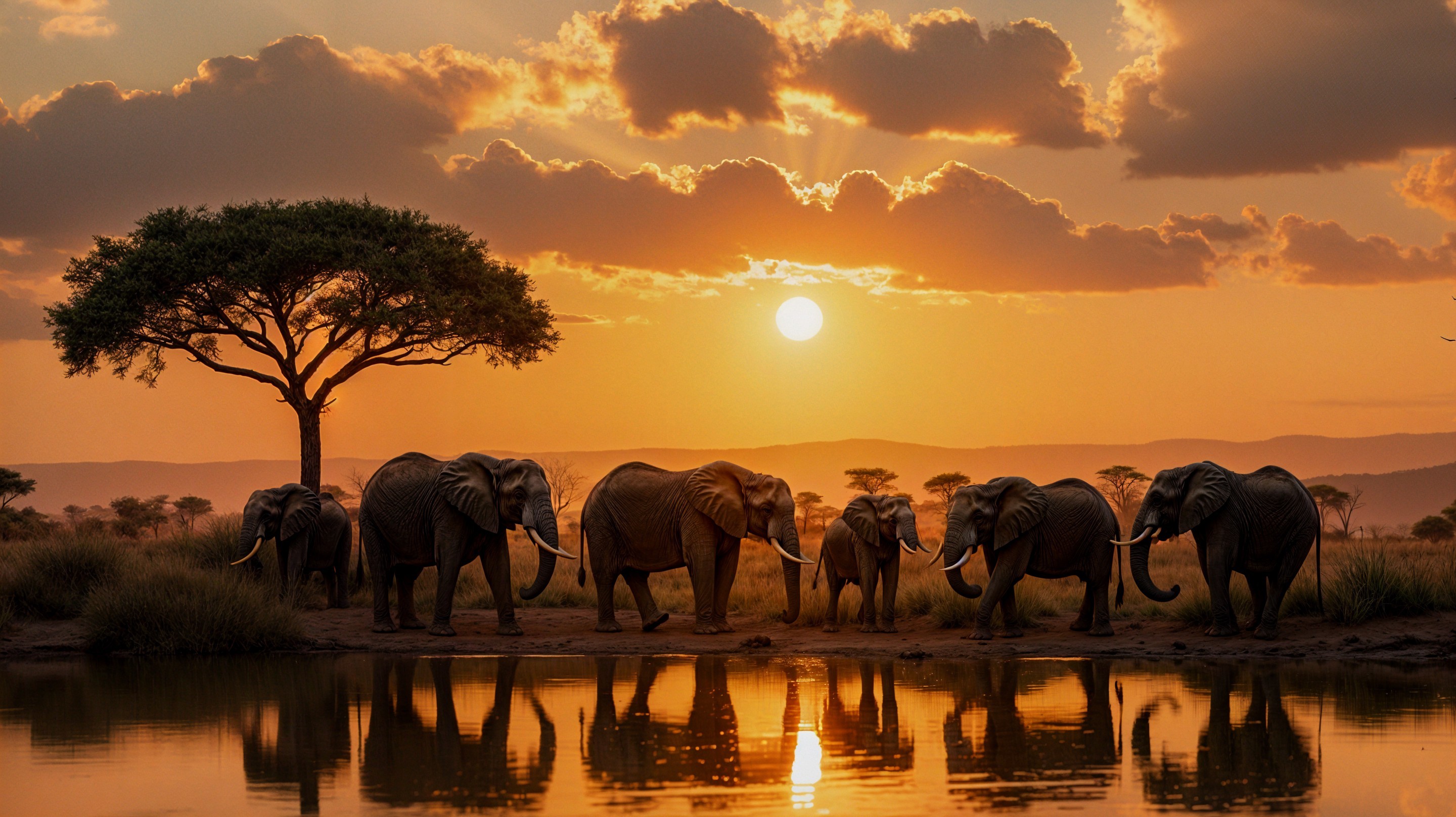 Elephants at Sunset by a Tranquil Waterhole