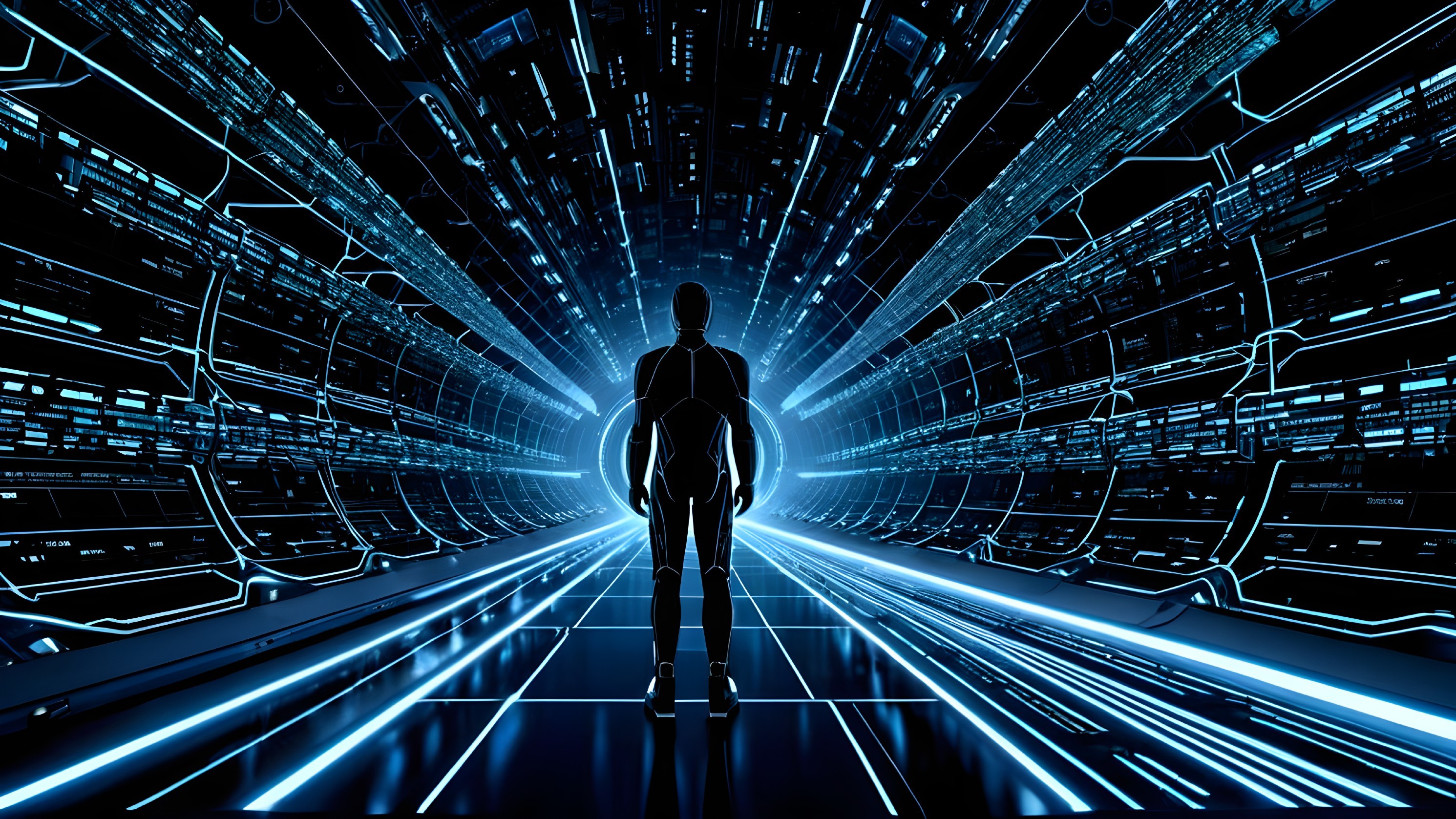 Futuristic Scene with Silhouette and Glowing Tunnel