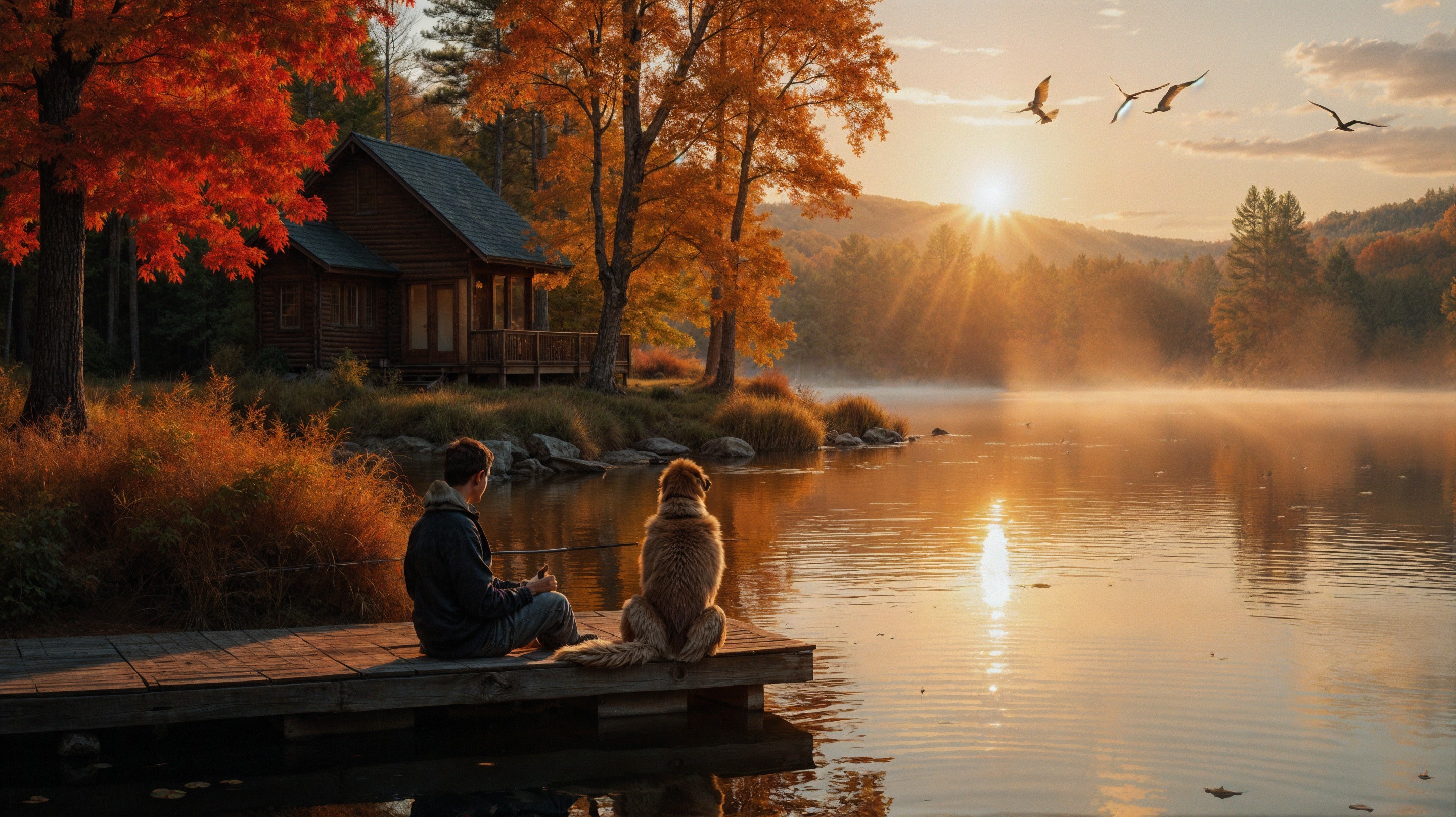 Autumn Scene of a Person and Dog by a Lake