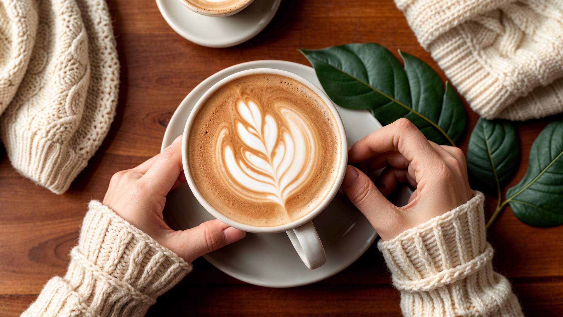 Cozy Latte Scene with Leaf Art and Knitted Textiles