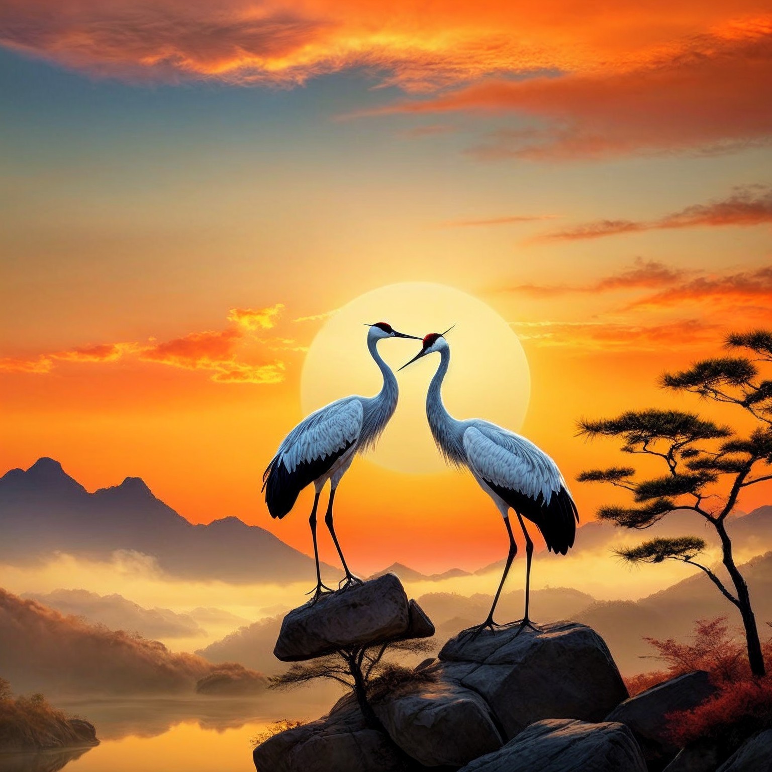 Cranes at Sunset in a Serene Landscape Setting