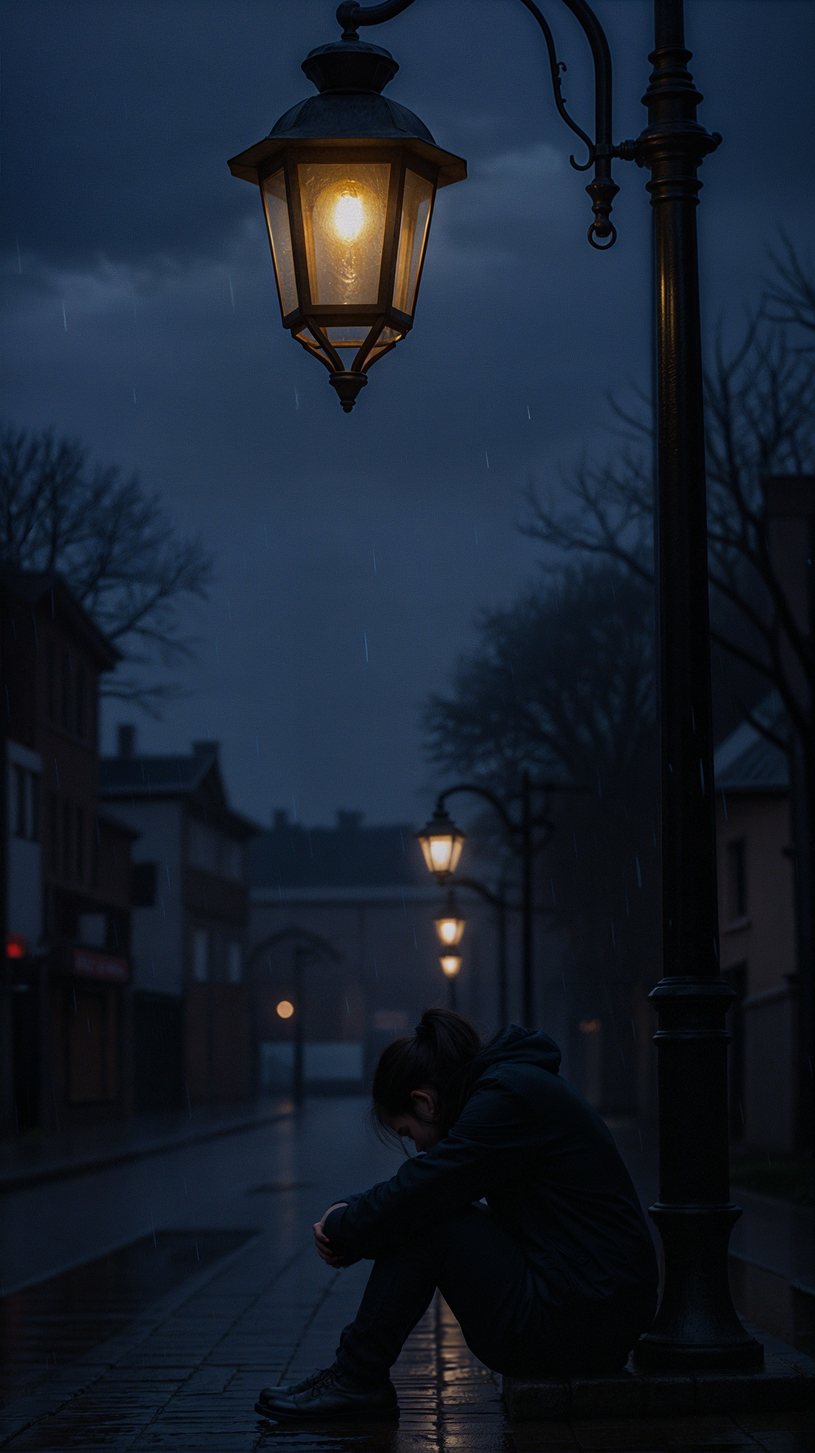 Solitary Figure on Rainy Cobblestone Street at Night