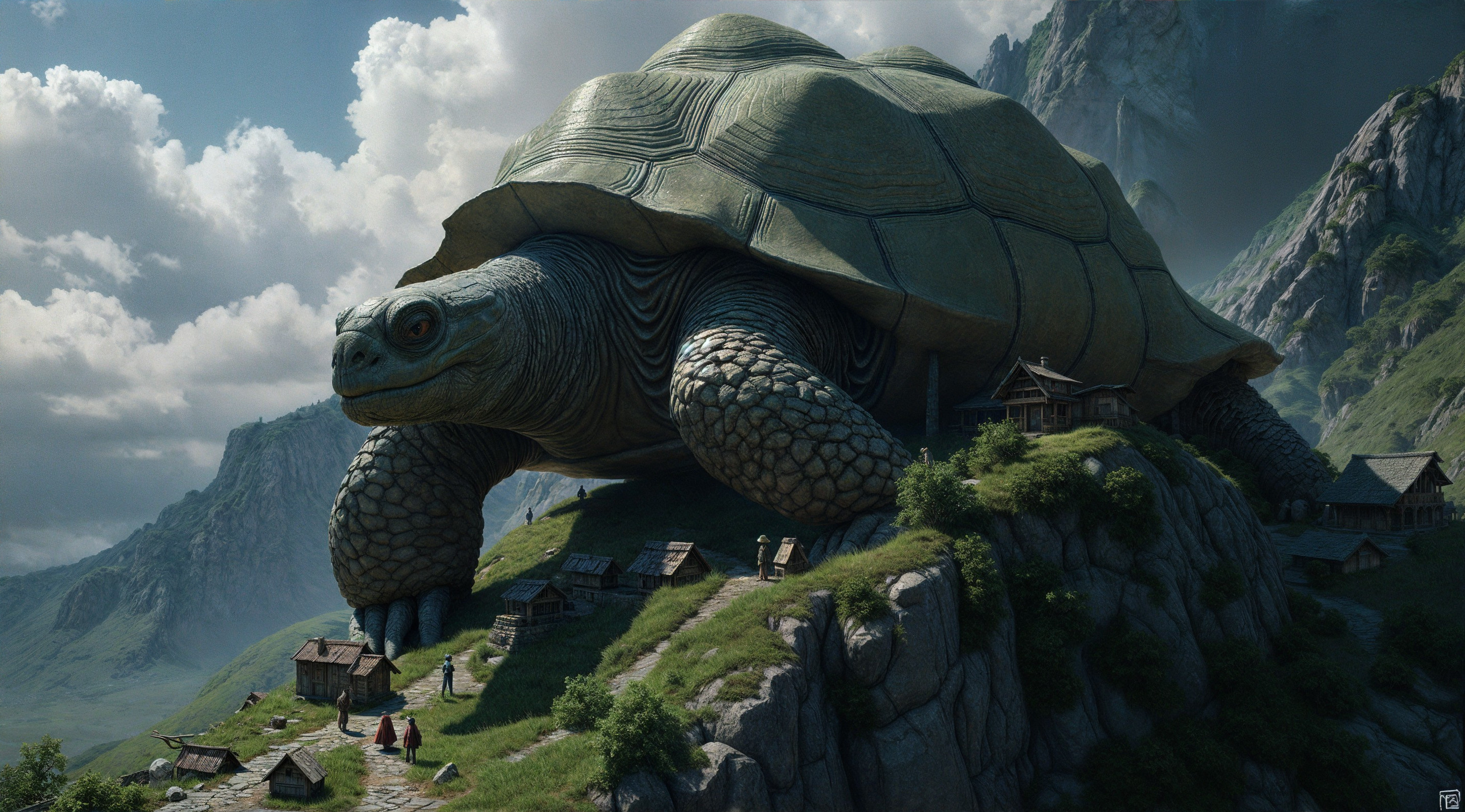 Colossal Turtle on Mountain in Surreal Landscape