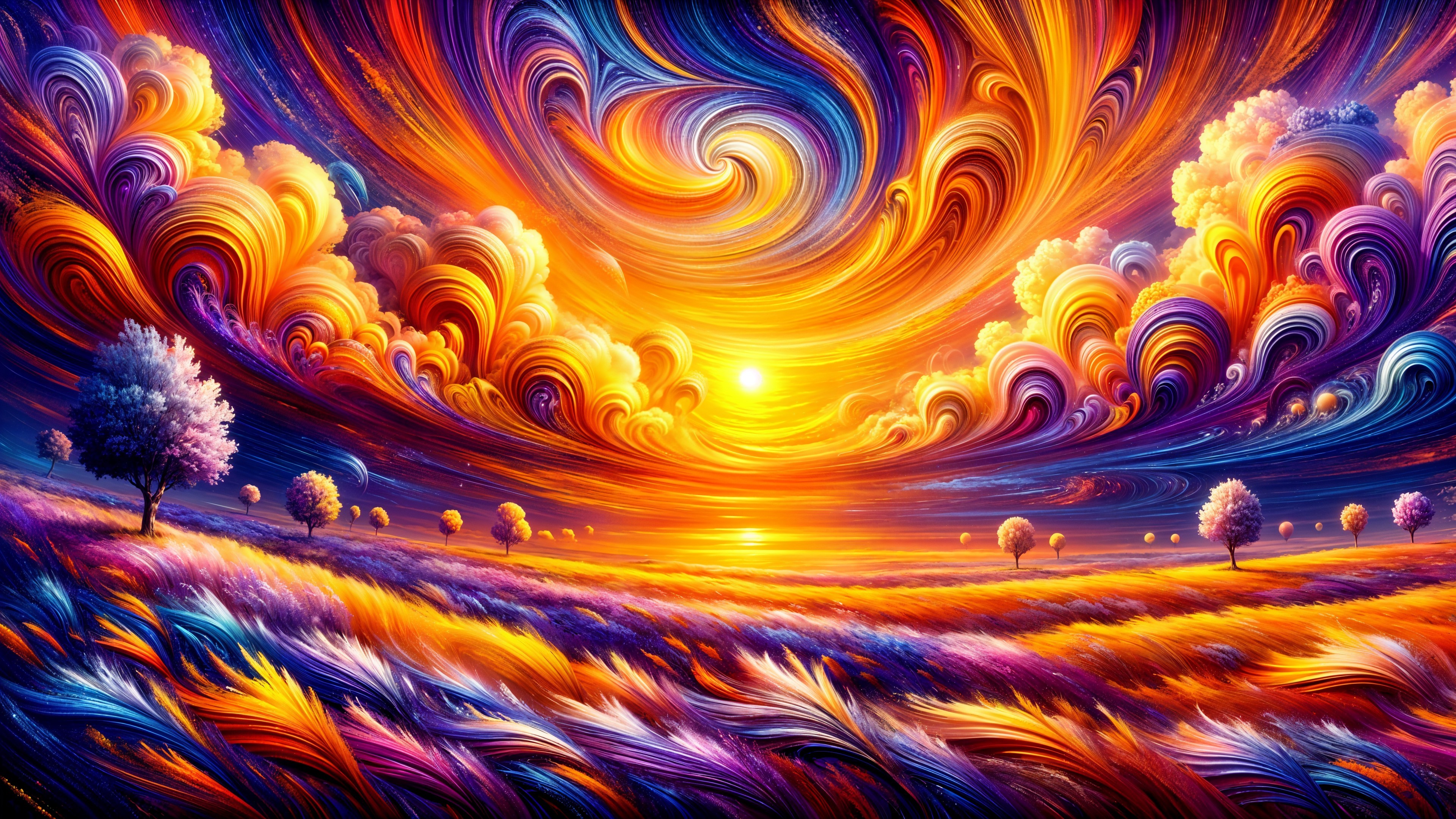 Vibrant Landscape with Dramatic Sunset and Colorful Grass