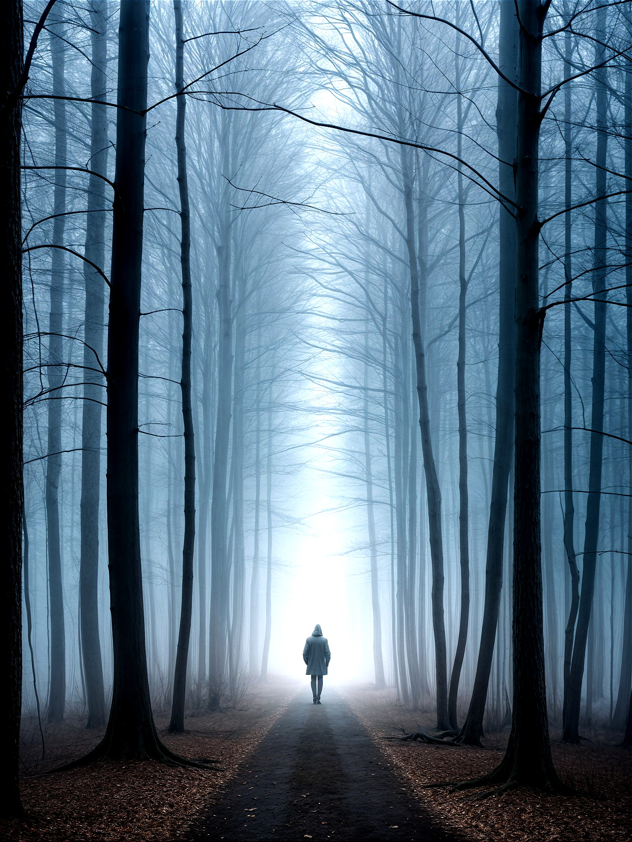 Misty Pathway with Solitary Figure and Bare Trees