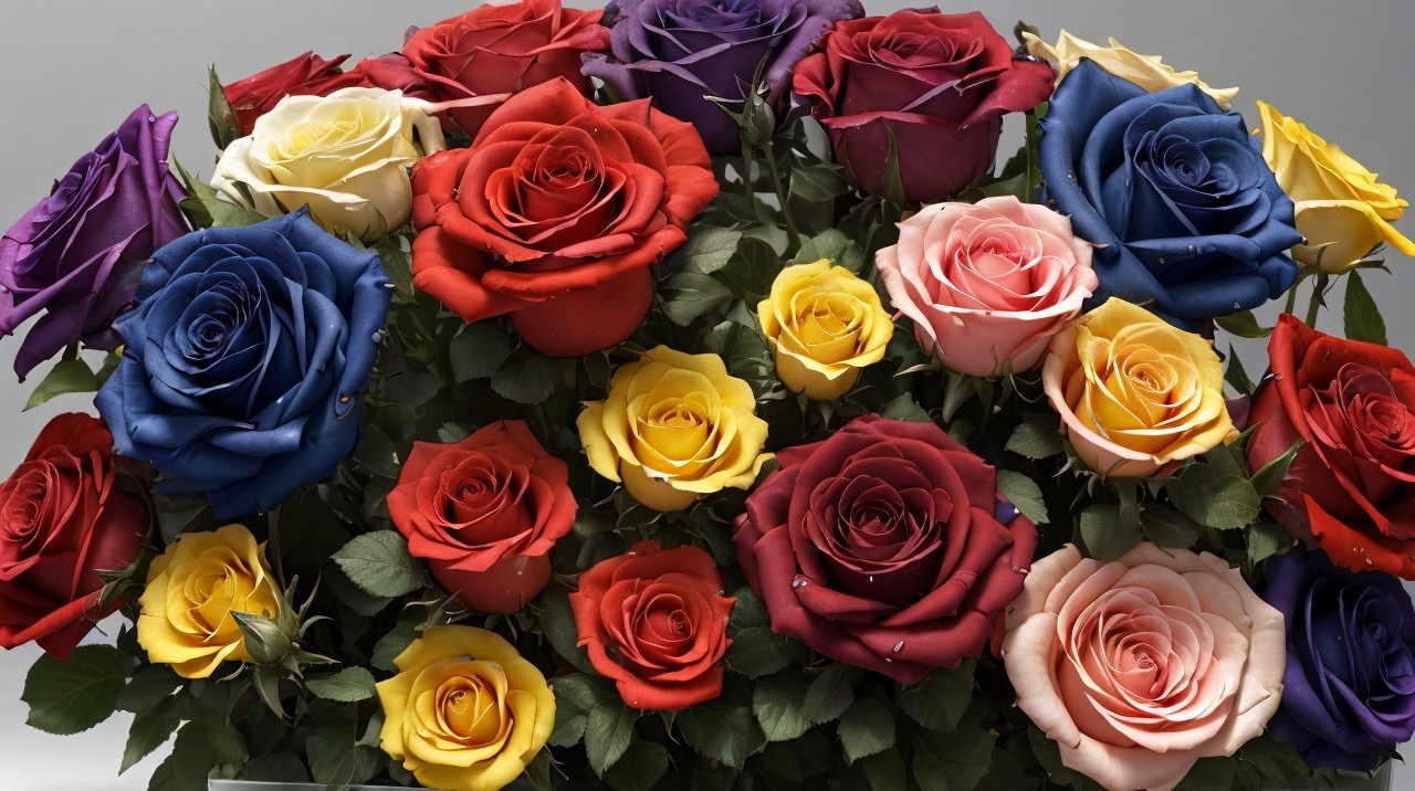 Vibrant Mixed Color Rose Bouquet with Green Leaves