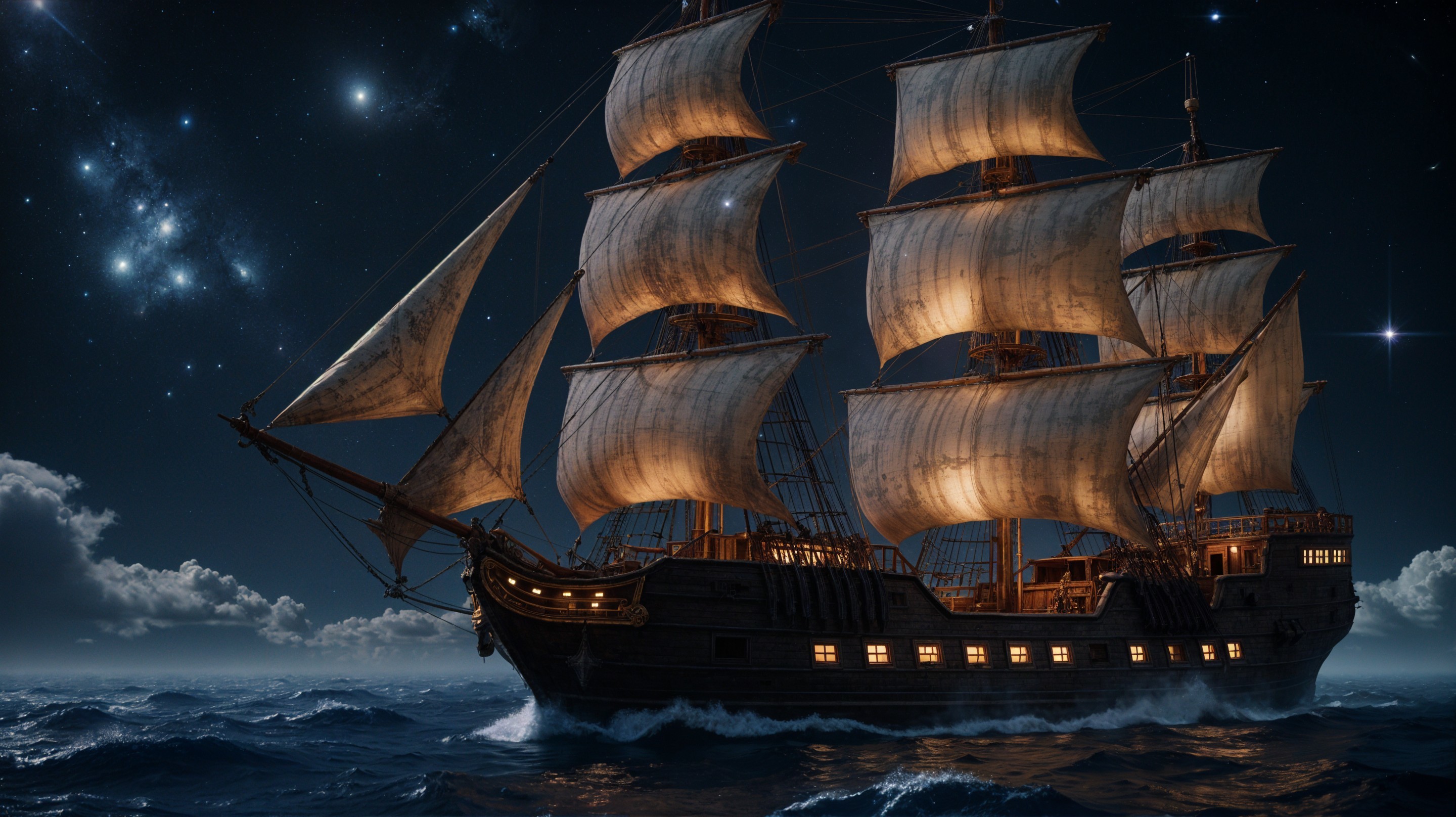 Vintage sailing ship on dark starry waters
