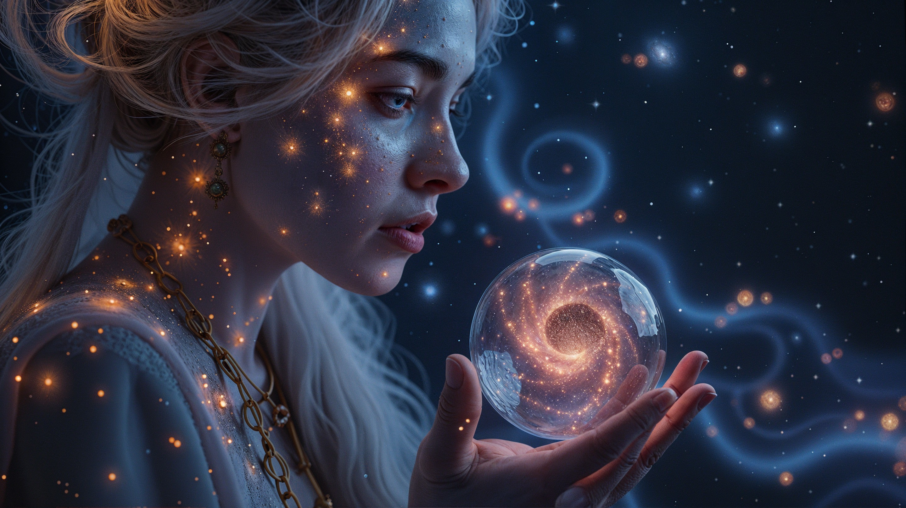 Young Woman Holding a Glowing Crystal Orb in Cosmos