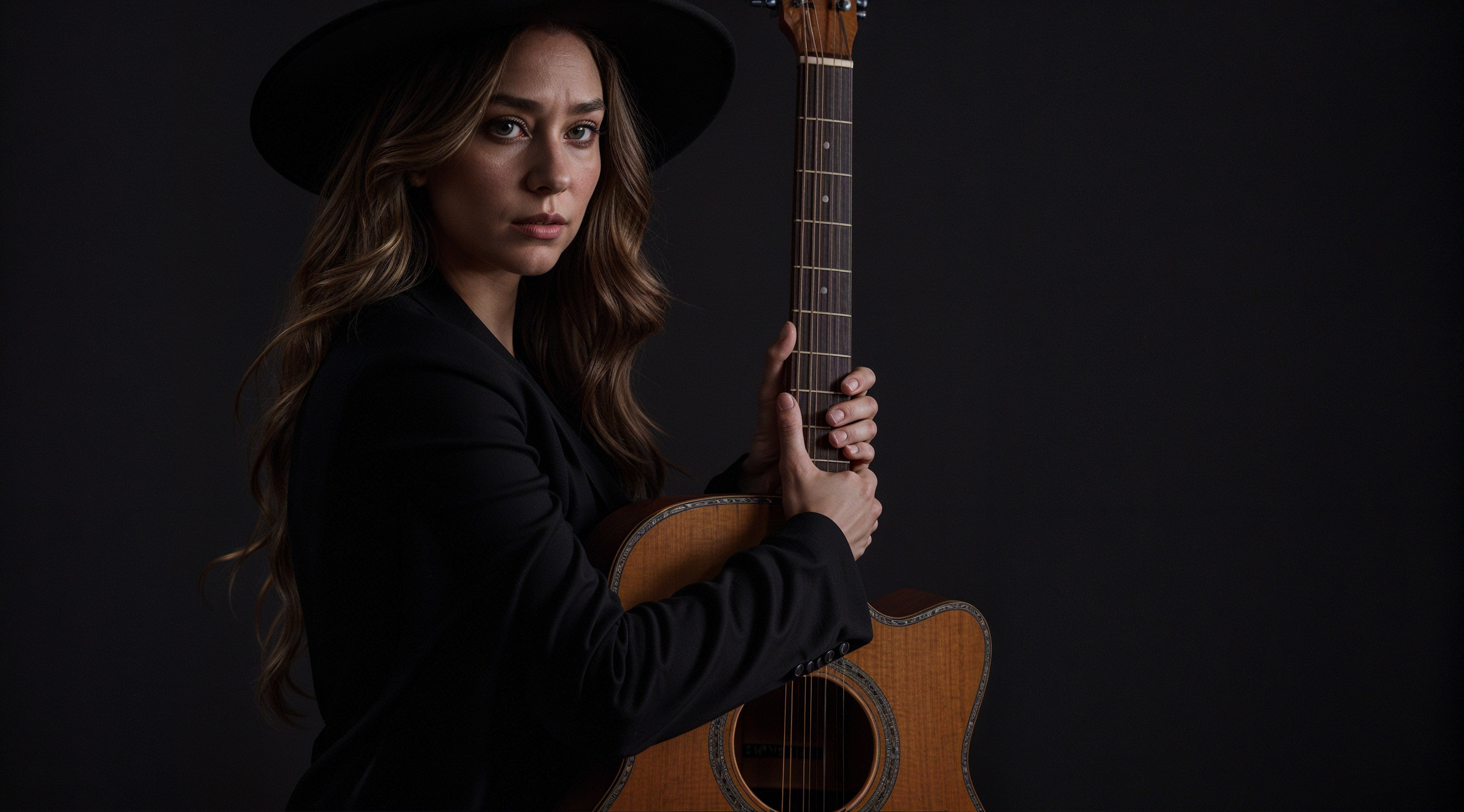 Woman in black suit with guitar against dark backdrop