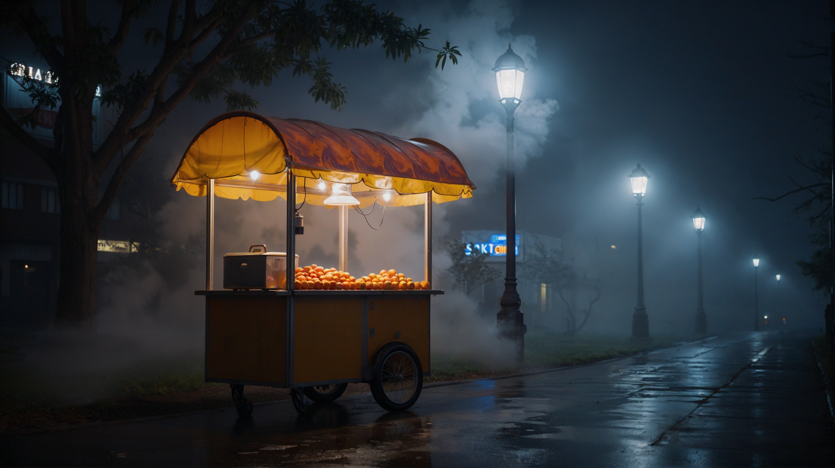 Orange Cart in Misty Urban Park at Night