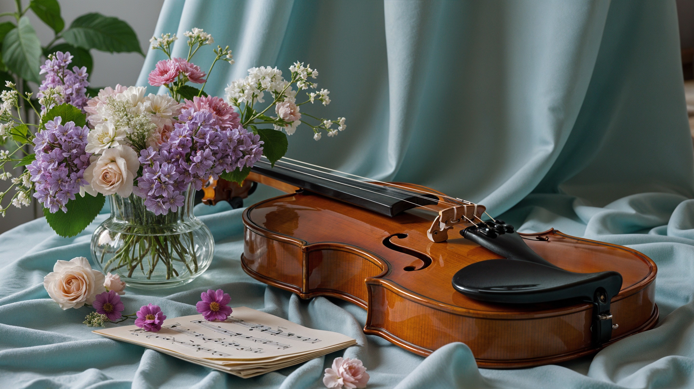 Wooden violin on teal fabric with flowers and sheet music