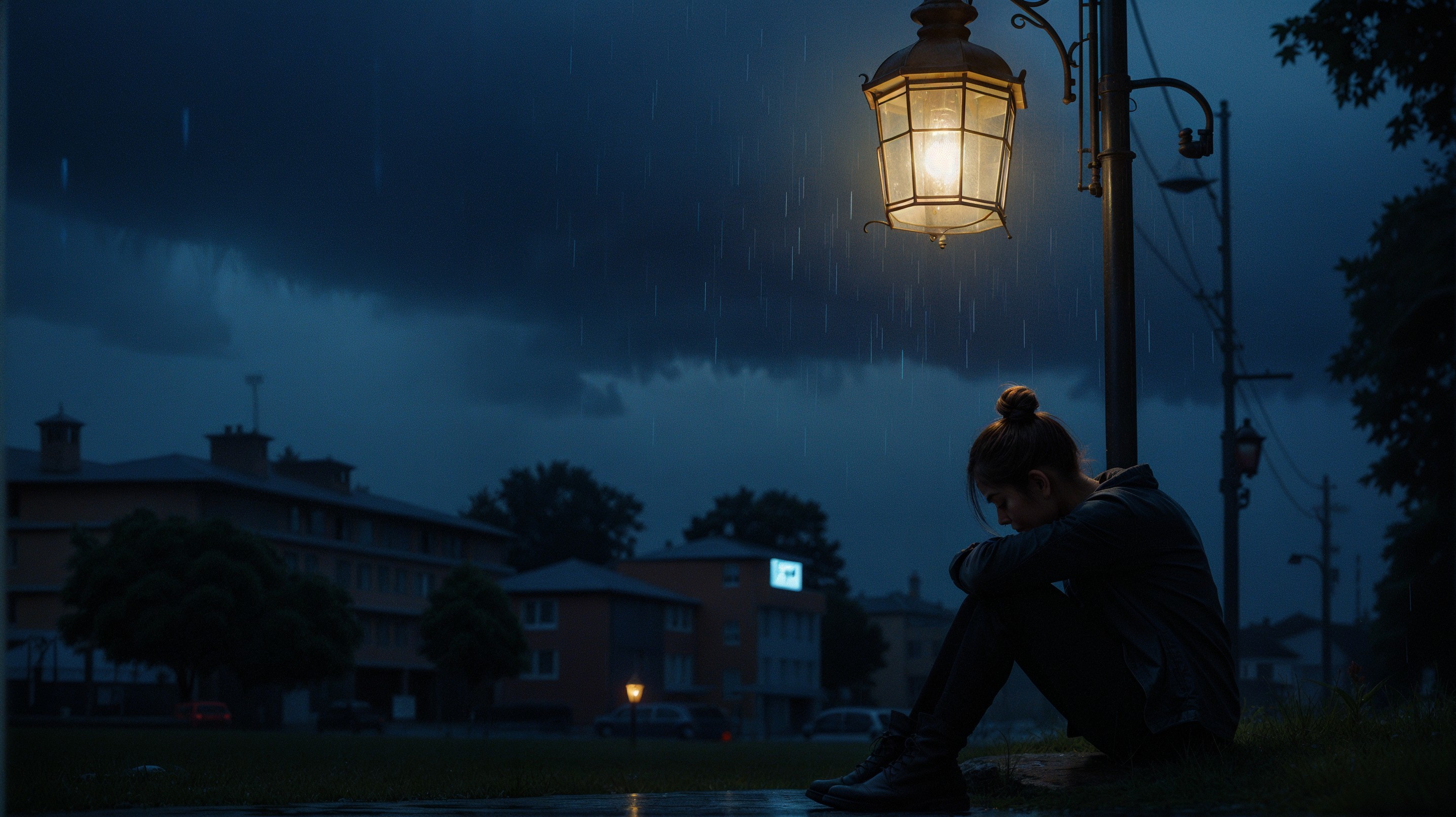 Solitary figure under streetlamp in rainy urban scene