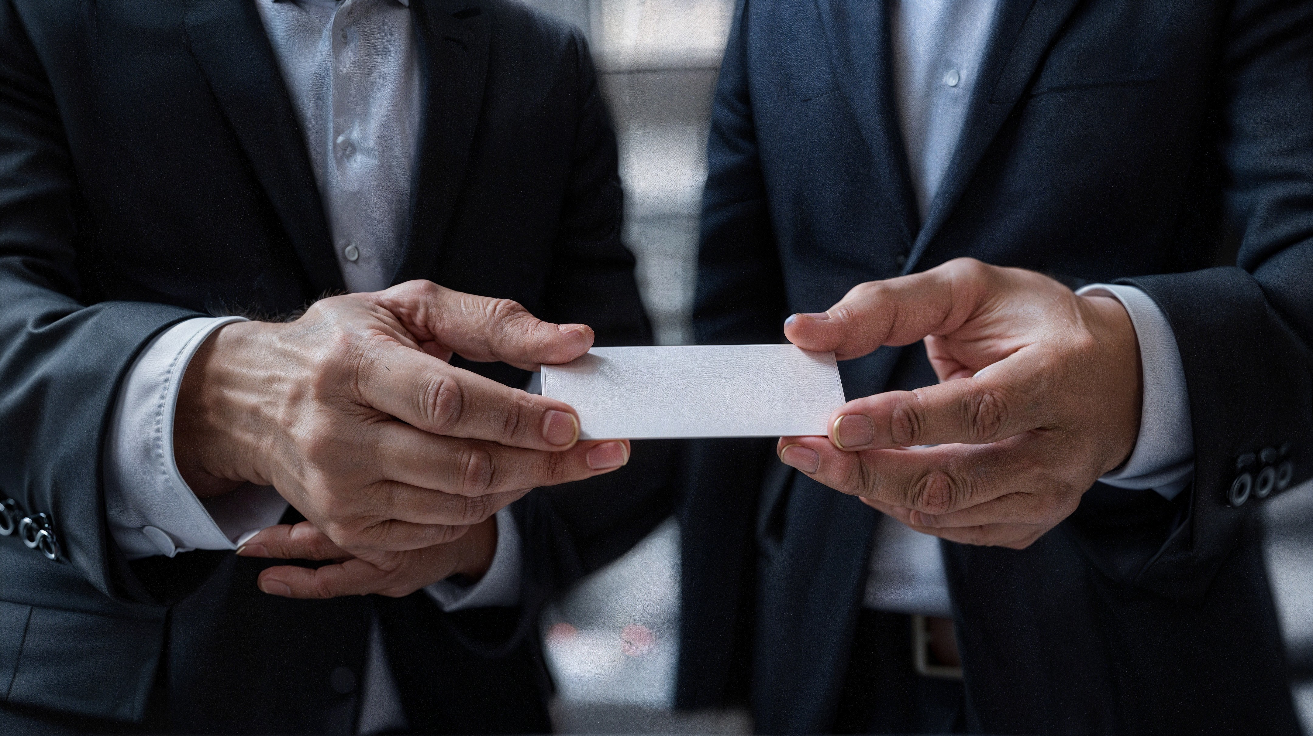 Formal Suit Exchange with Blank Business Card in Urban Setting