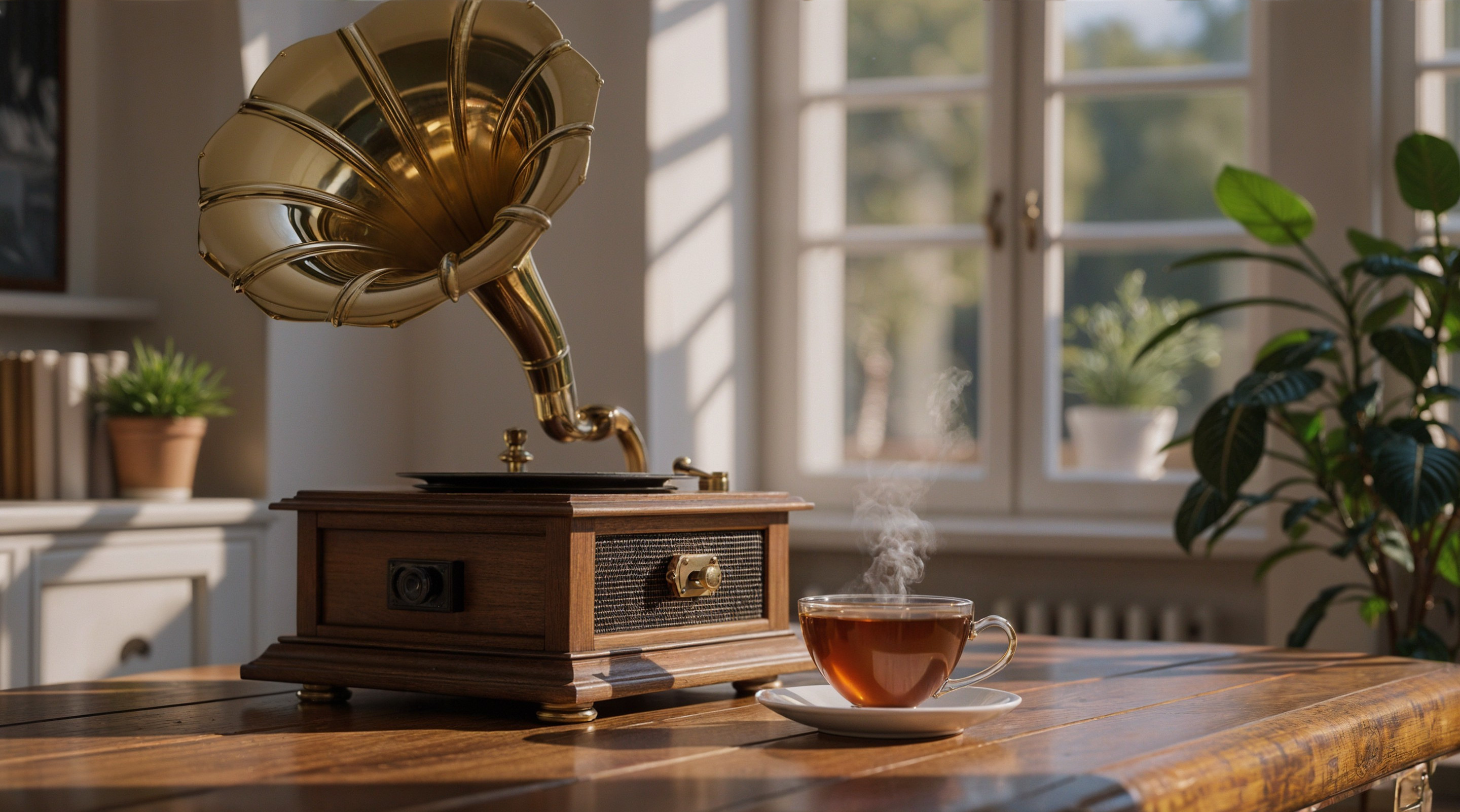 Vintage Gramophone and Teacup on Wooden Table
